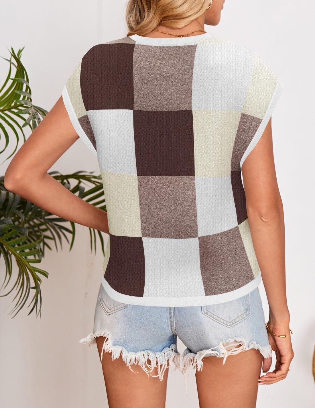 imageZESICA Womens Floral Sweater Vest Summer Short Sleeve Crew Neck Cute Loose Knit Tops 2026 Trendy Clothes OutfitsBrown