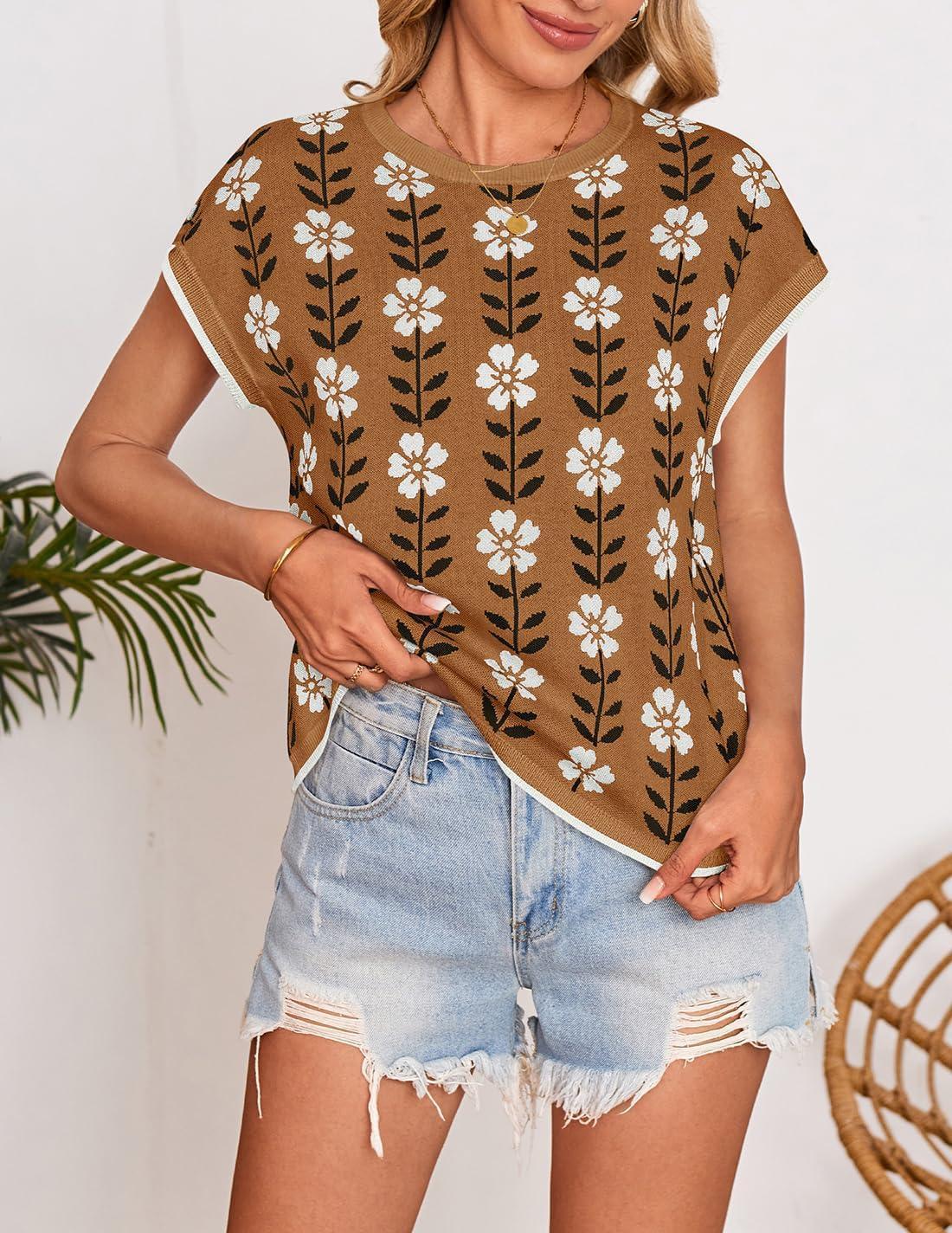 imageZESICA Womens Floral Sweater Vest Summer Short Sleeve Crew Neck Cute Loose Knit Tops 2026 Trendy Clothes OutfitsCaramel