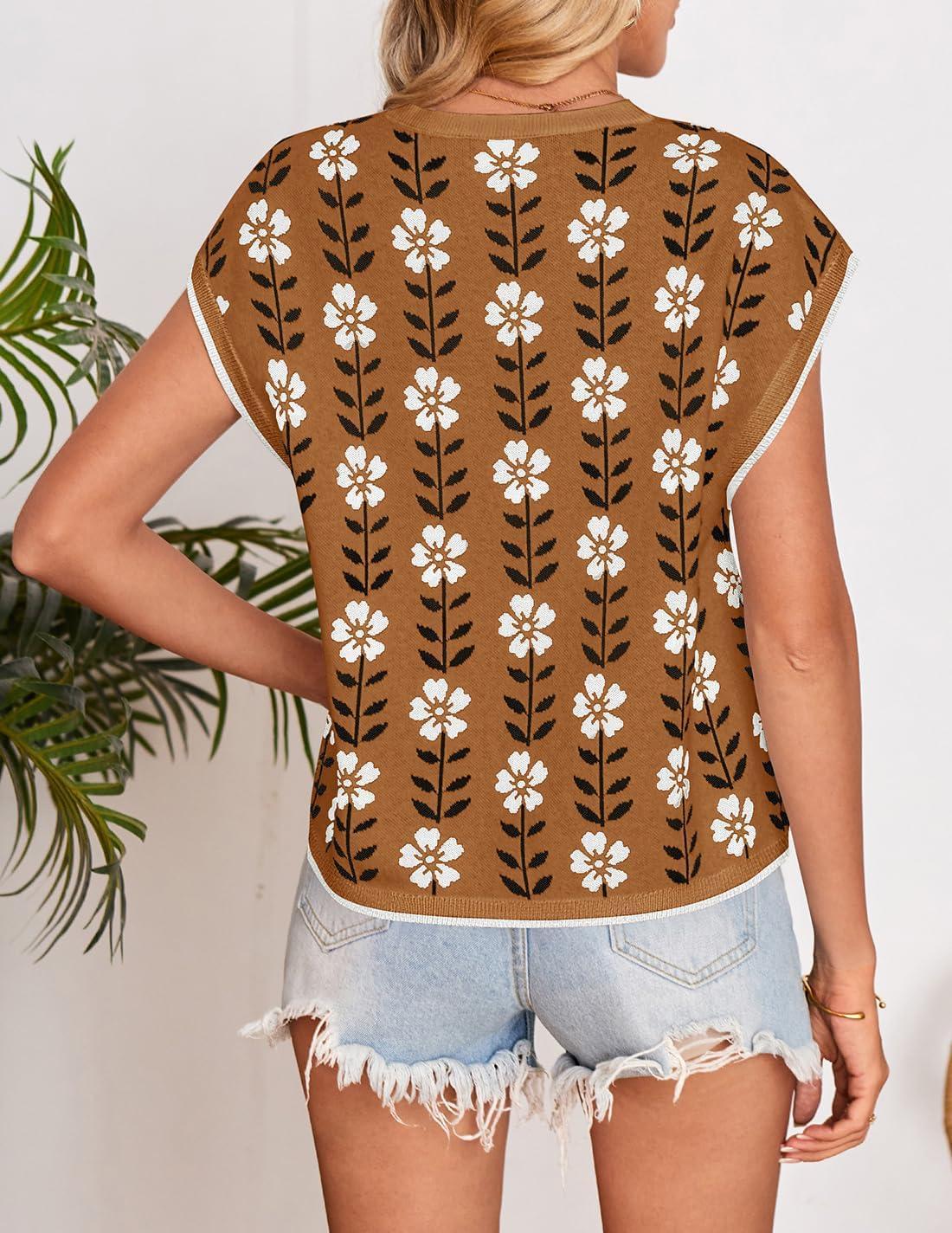 imageZESICA Womens Floral Sweater Vest Summer Short Sleeve Crew Neck Cute Loose Knit Tops 2026 Trendy Clothes OutfitsCaramel