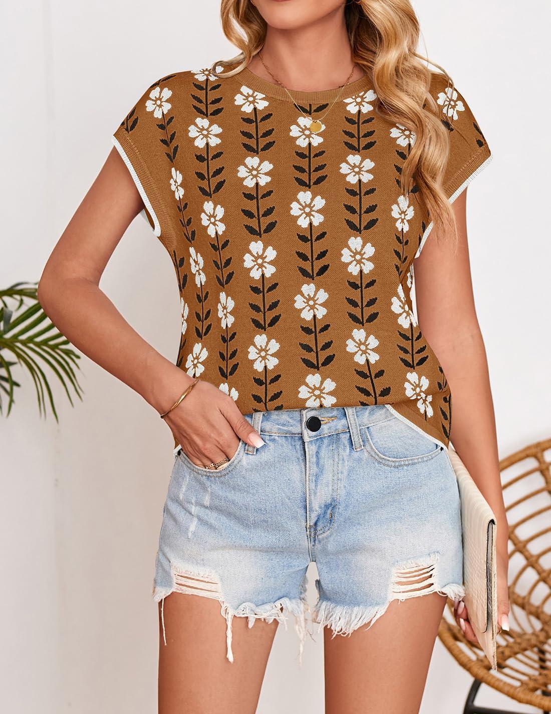 imageZESICA Womens Floral Sweater Vest Summer Short Sleeve Crew Neck Cute Loose Knit Tops 2026 Trendy Clothes OutfitsCaramel