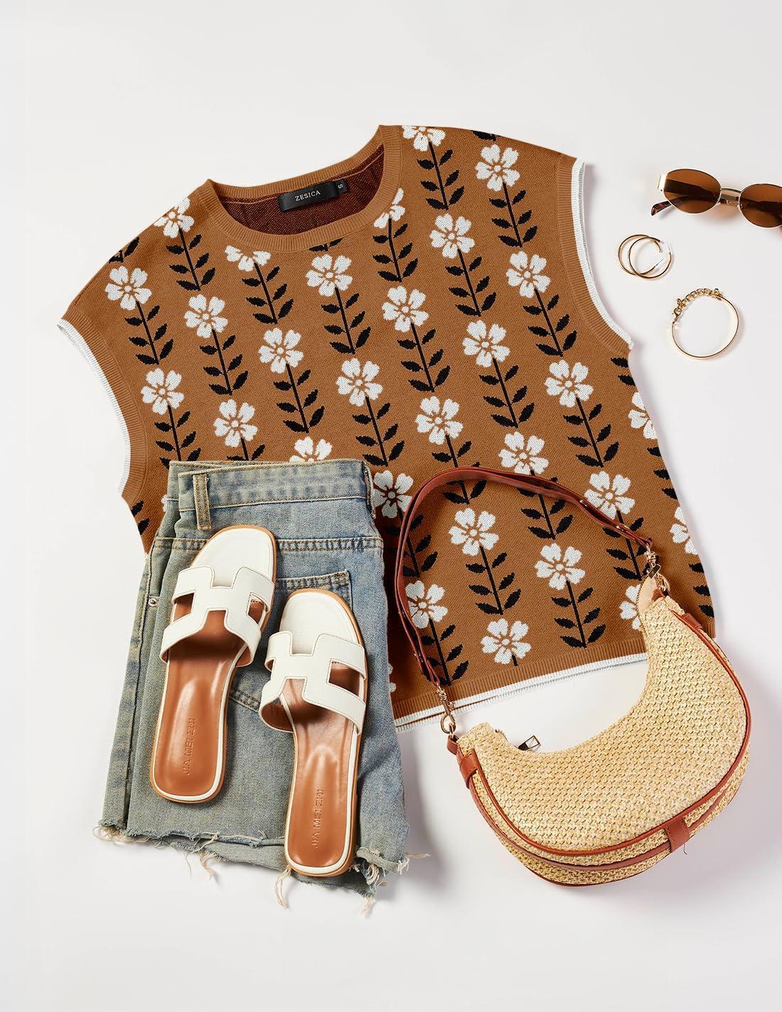 imageZESICA Womens Floral Sweater Vest Summer Short Sleeve Crew Neck Cute Loose Knit Tops 2026 Trendy Clothes OutfitsCaramel