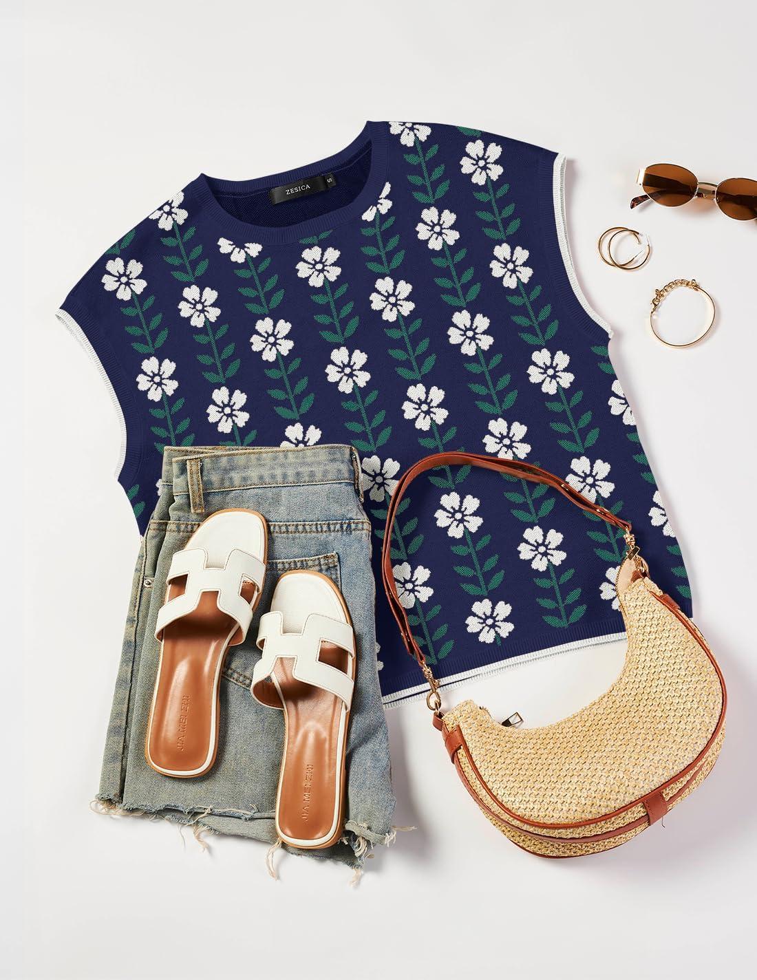 imageZESICA Womens Floral Sweater Vest Summer Short Sleeve Crew Neck Cute Loose Knit Tops 2026 Trendy Clothes OutfitsNavy