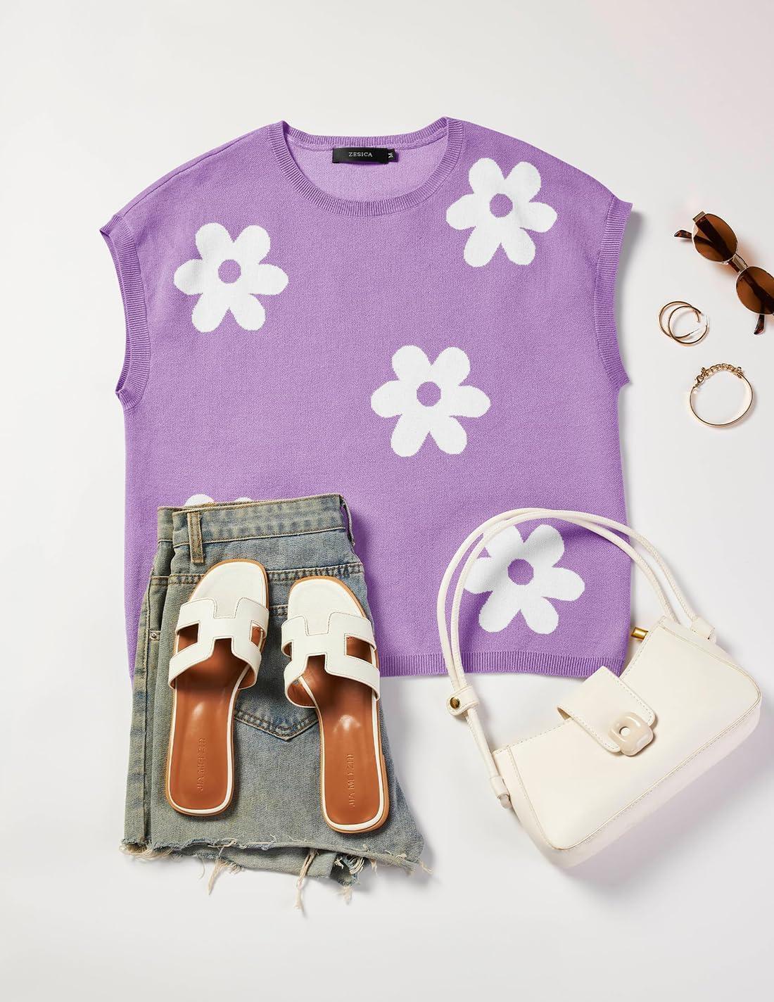 imageZESICA Womens Floral Sweater Vest Summer Short Sleeve Crew Neck Cute Loose Knit Tops 2026 Trendy Clothes OutfitsPurple