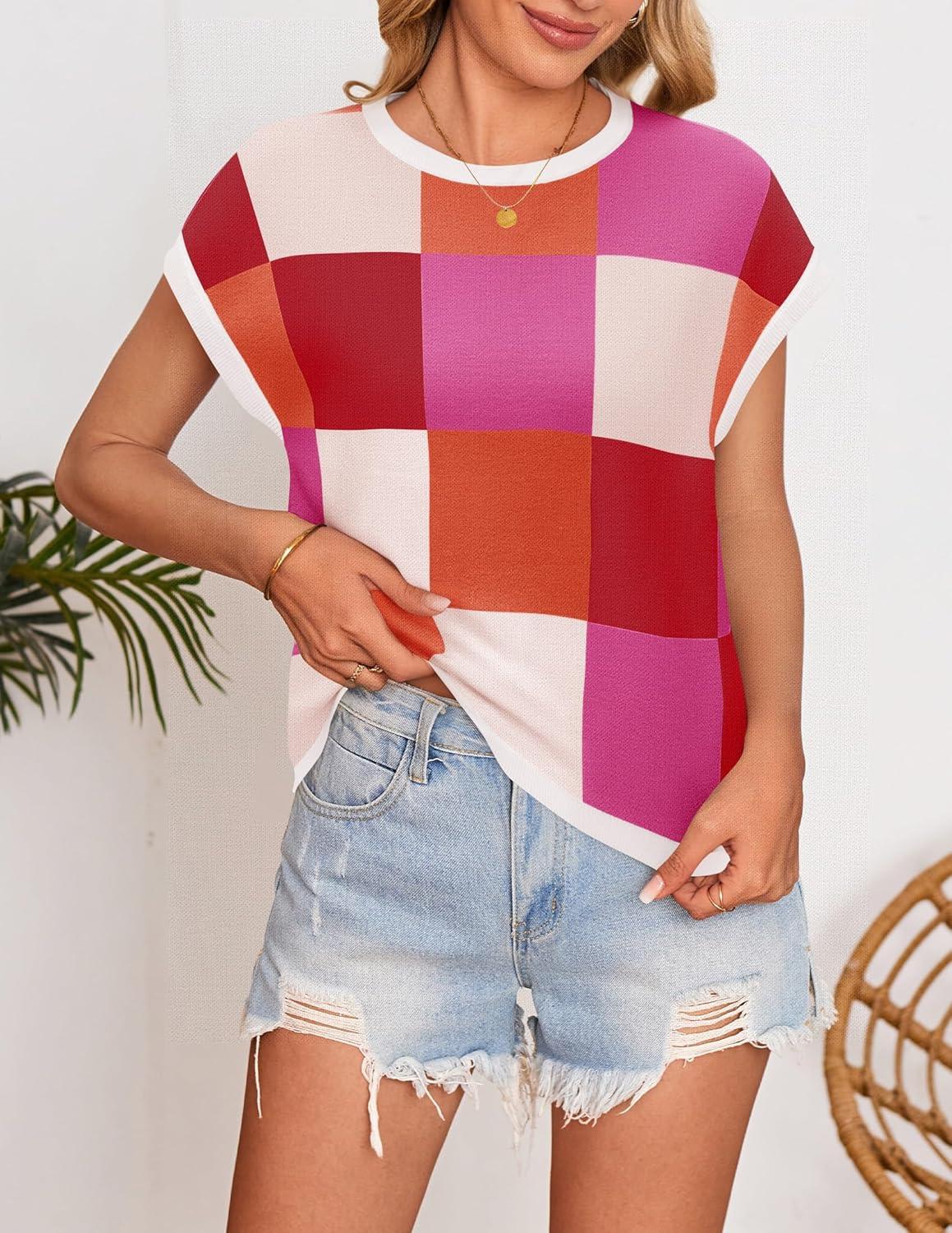imageZESICA Womens Floral Sweater Vest Summer Short Sleeve Crew Neck Cute Loose Knit Tops 2026 Trendy Clothes OutfitsRedorange