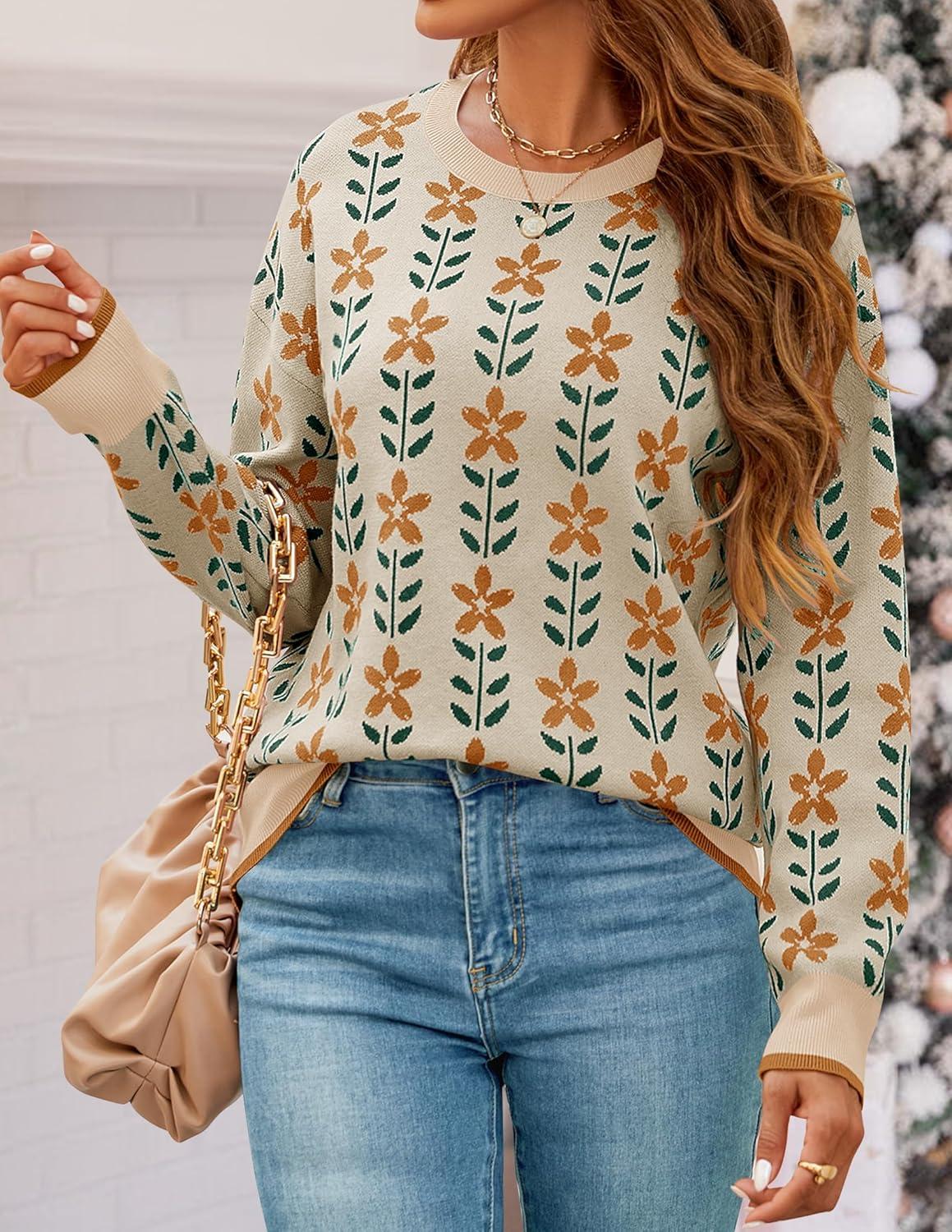imageZESICA Womens Long Sleeve Crewneck Sweater 2026 Fall Printed Cute Oversized Knitted Pullover Tops Trendy ClothesApricot