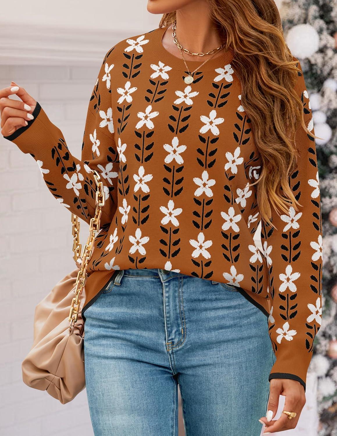 imageZESICA Womens Long Sleeve Crewneck Sweater 2026 Fall Printed Cute Oversized Knitted Pullover Tops Trendy ClothesCaramel