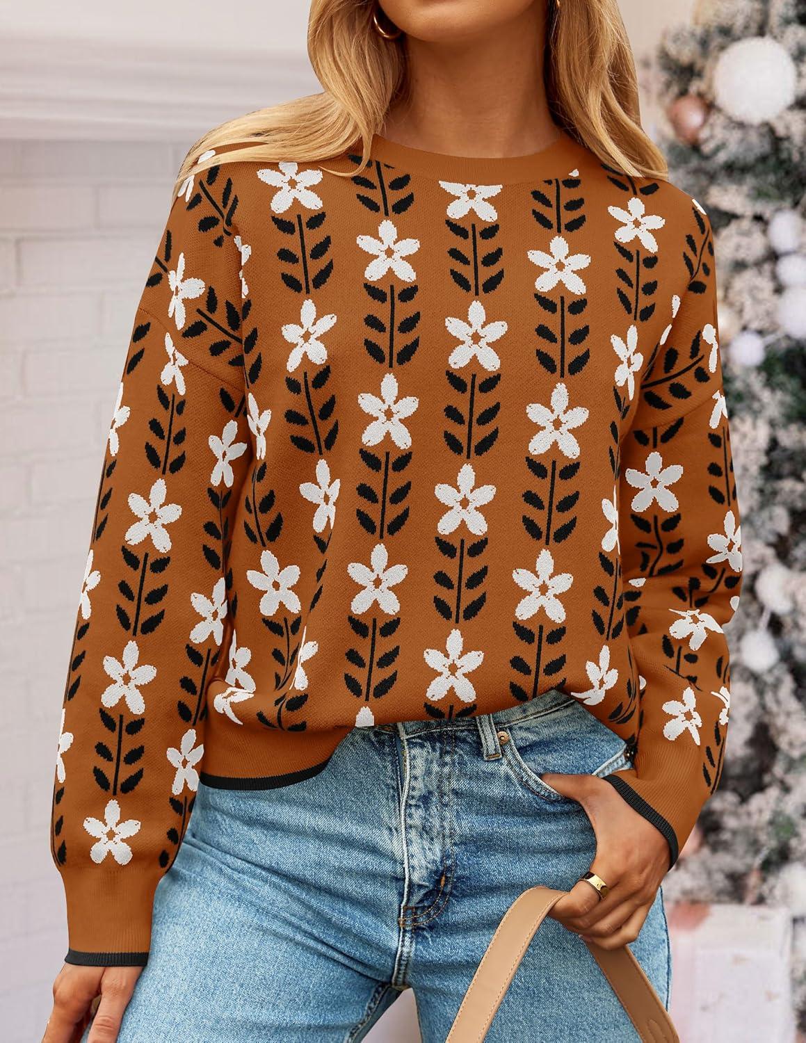 imageZESICA Womens Long Sleeve Crewneck Sweater 2026 Fall Printed Cute Oversized Knitted Pullover Tops Trendy ClothesCaramel