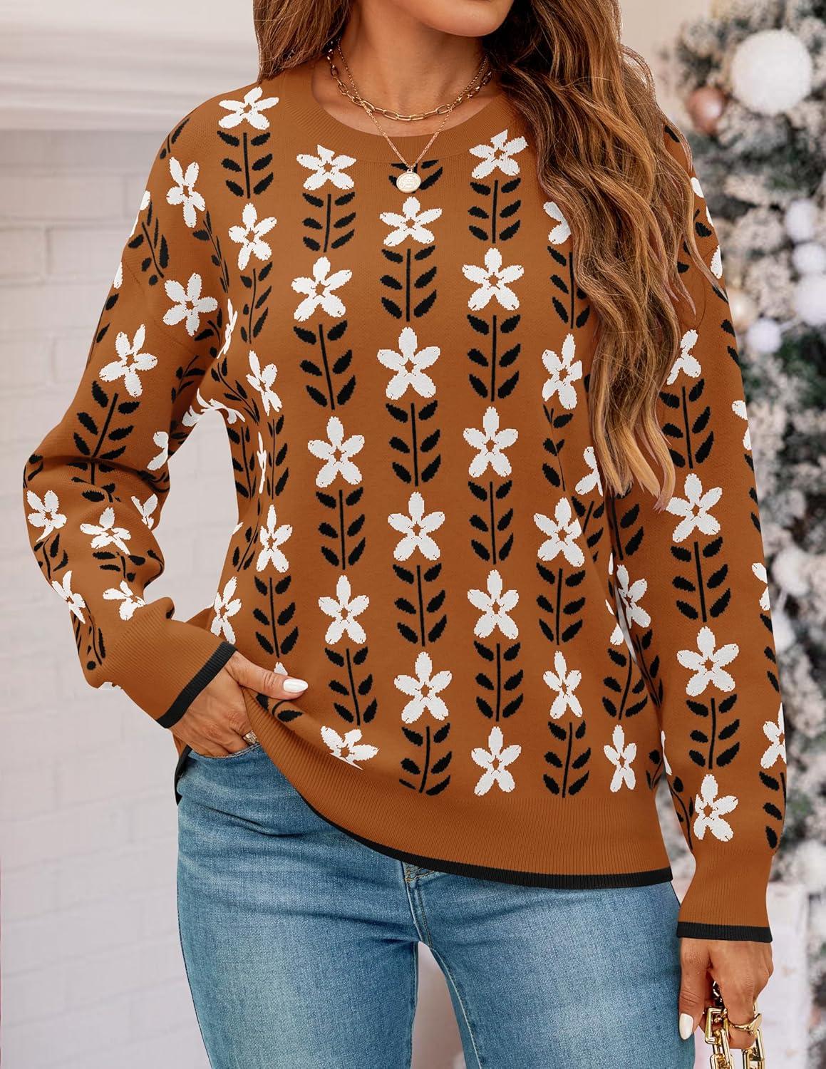 imageZESICA Womens Long Sleeve Crewneck Sweater 2026 Fall Printed Cute Oversized Knitted Pullover Tops Trendy ClothesCaramel