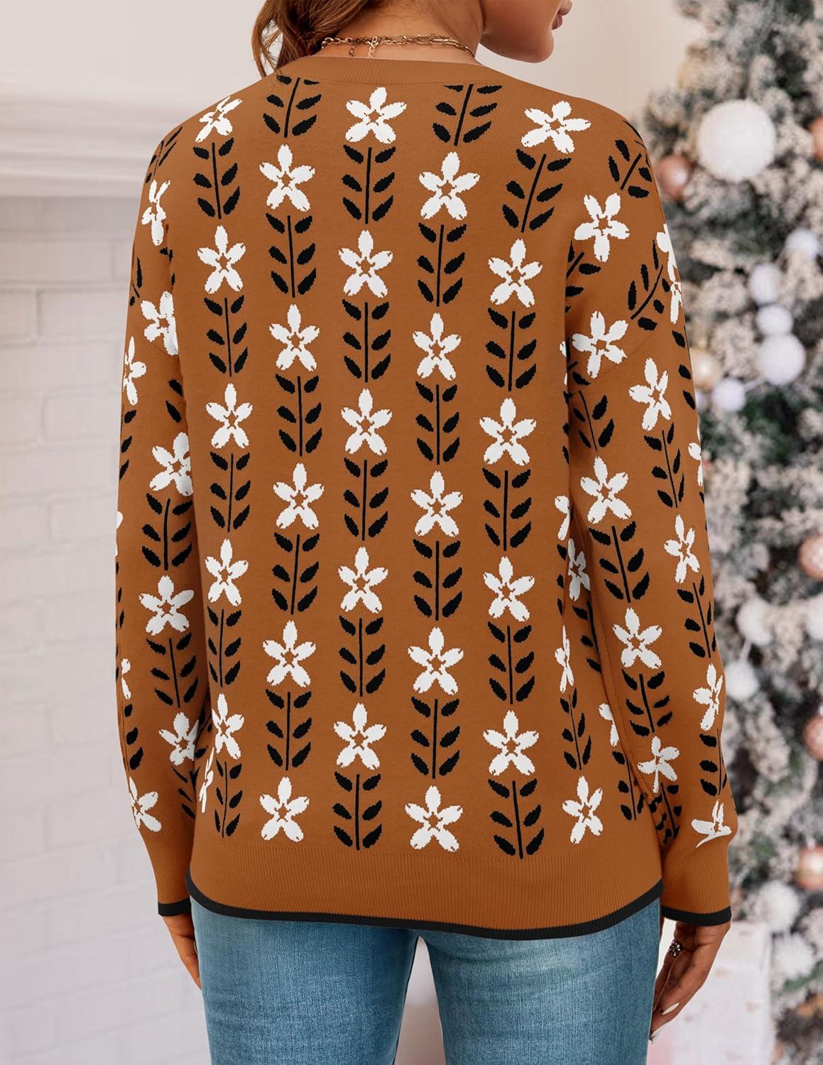 imageZESICA Womens Long Sleeve Crewneck Sweater 2026 Fall Printed Cute Oversized Knitted Pullover Tops Trendy ClothesCaramel