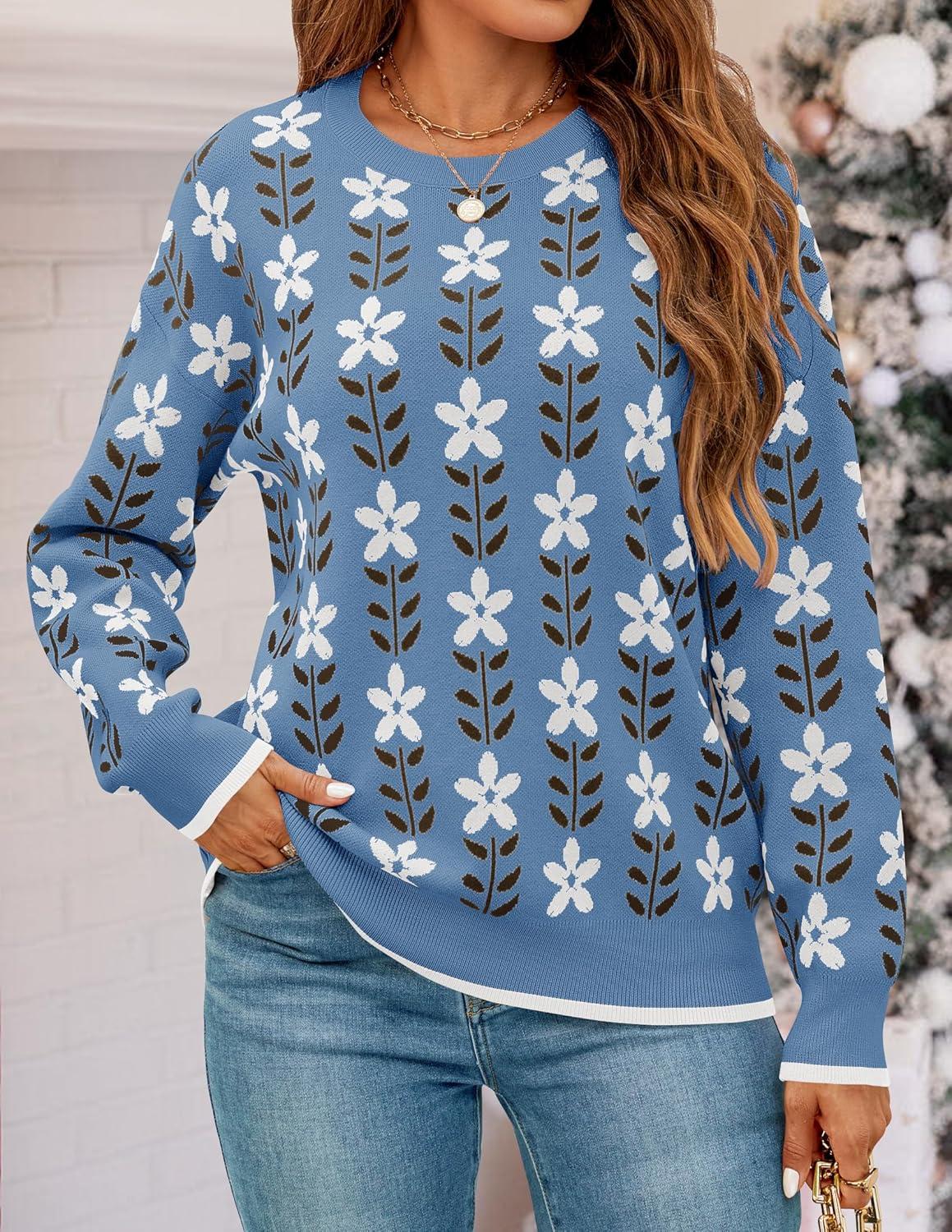 imageZESICA Womens Long Sleeve Crewneck Sweater 2026 Fall Printed Cute Oversized Knitted Pullover Tops Trendy ClothesDusty Blue