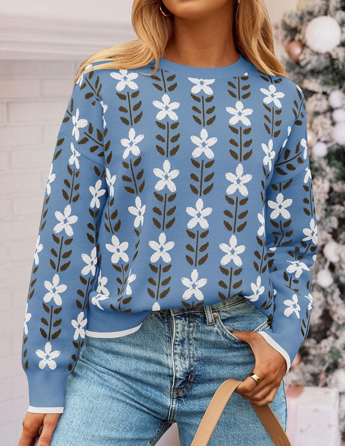 imageZESICA Womens Long Sleeve Crewneck Sweater 2026 Fall Printed Cute Oversized Knitted Pullover Tops Trendy ClothesDusty Blue