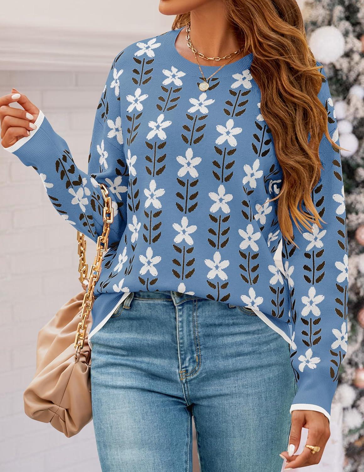 imageZESICA Womens Long Sleeve Crewneck Sweater 2026 Fall Printed Cute Oversized Knitted Pullover Tops Trendy ClothesDusty Blue