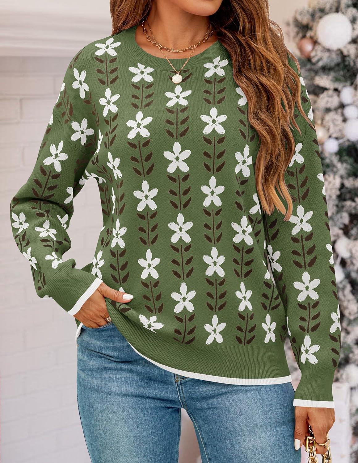 imageZESICA Womens Long Sleeve Crewneck Sweater 2026 Fall Printed Cute Oversized Knitted Pullover Tops Trendy ClothesDusty Green
