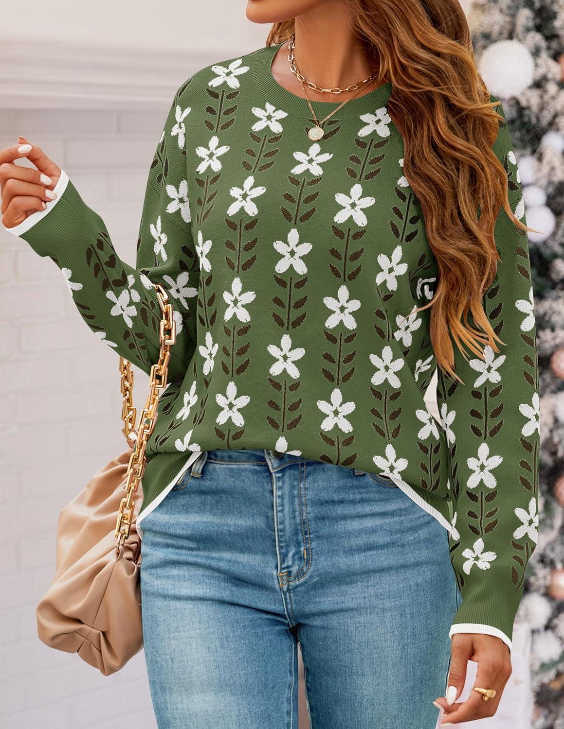 imageZESICA Womens Long Sleeve Crewneck Sweater 2026 Fall Printed Cute Oversized Knitted Pullover Tops Trendy ClothesDusty Green