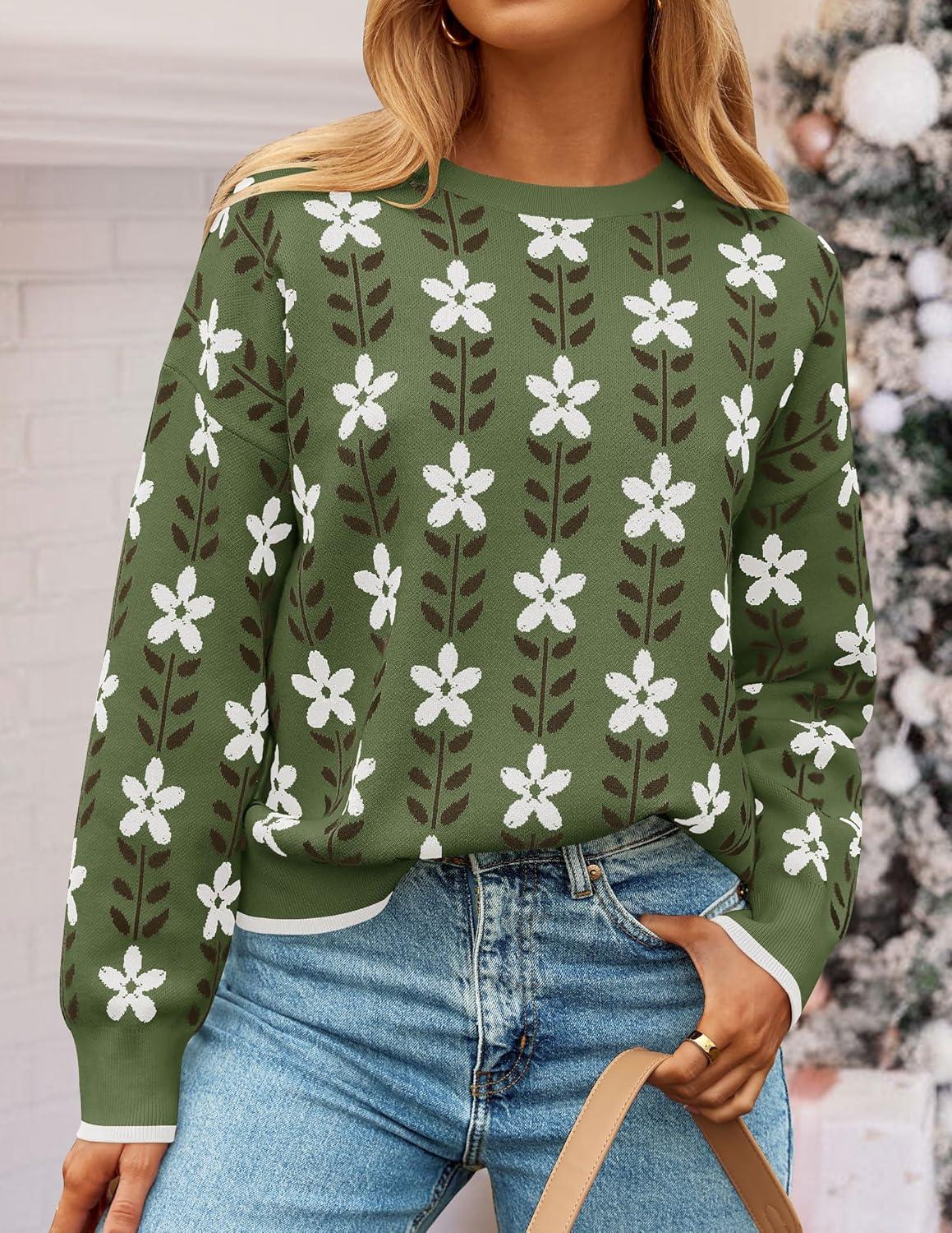 imageZESICA Womens Long Sleeve Crewneck Sweater 2026 Fall Printed Cute Oversized Knitted Pullover Tops Trendy ClothesDusty Green