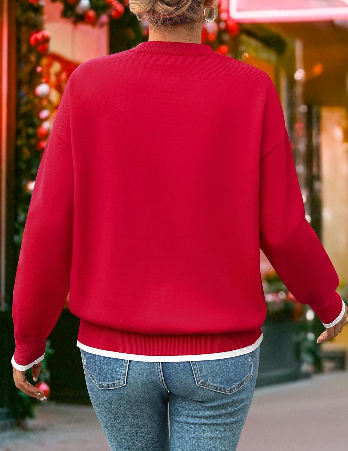 imageZESICA Womens Long Sleeve Crewneck Sweater 2026 Fall Printed Cute Oversized Knitted Pullover Tops Trendy ClothesFire Red
