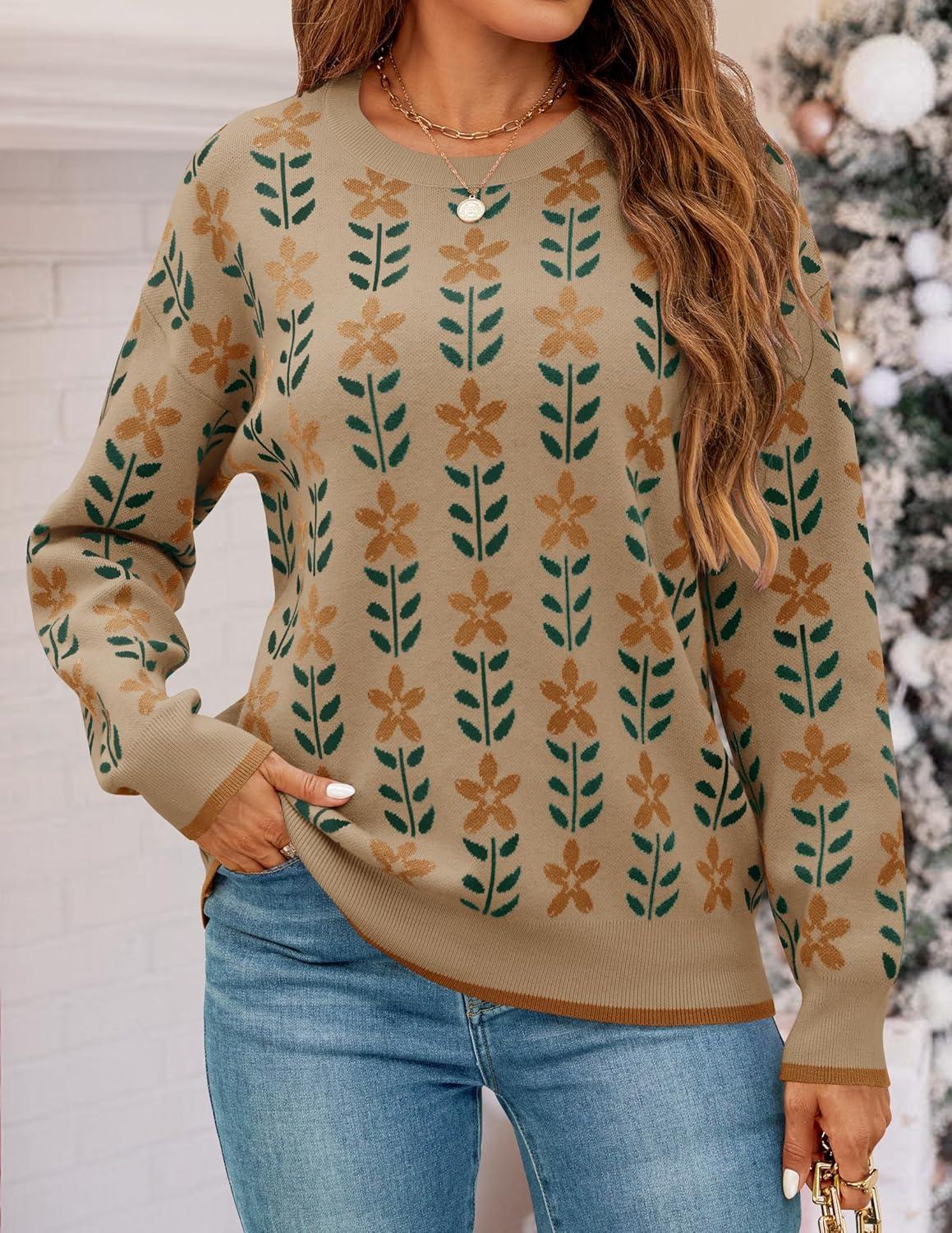 imageZESICA Womens Long Sleeve Crewneck Sweater 2026 Fall Printed Cute Oversized Knitted Pullover Tops Trendy ClothesKhaki