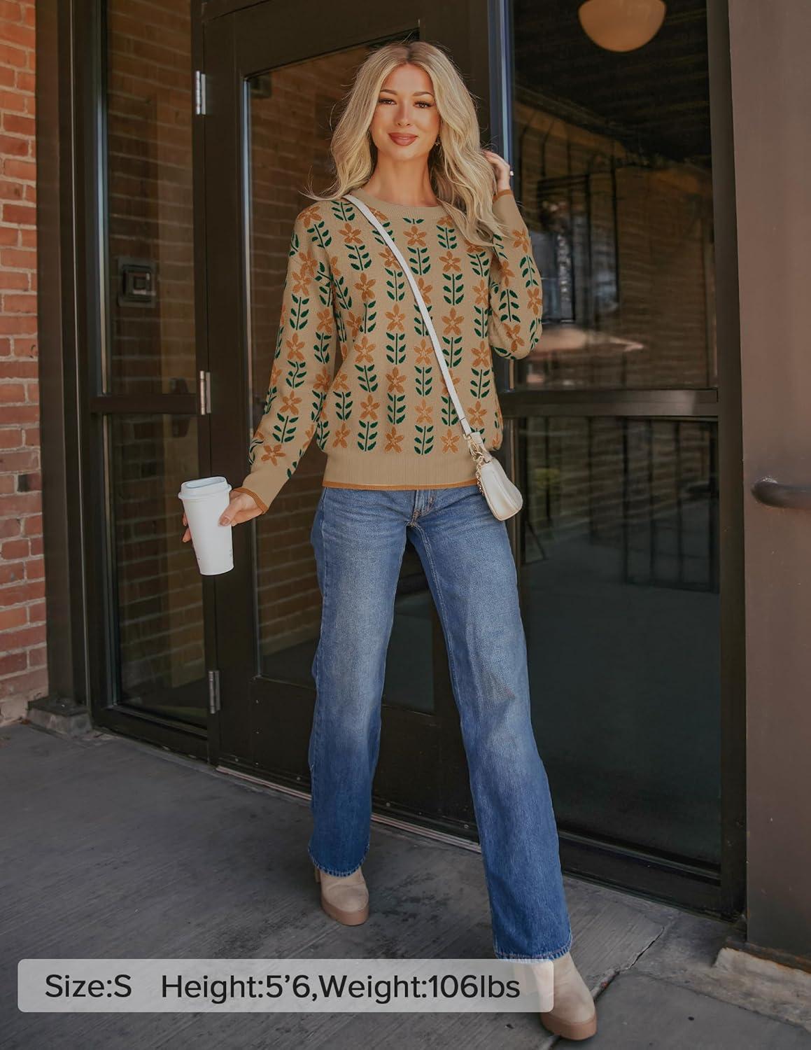 imageZESICA Womens Long Sleeve Crewneck Sweater 2026 Fall Printed Cute Oversized Knitted Pullover Tops Trendy ClothesKhaki