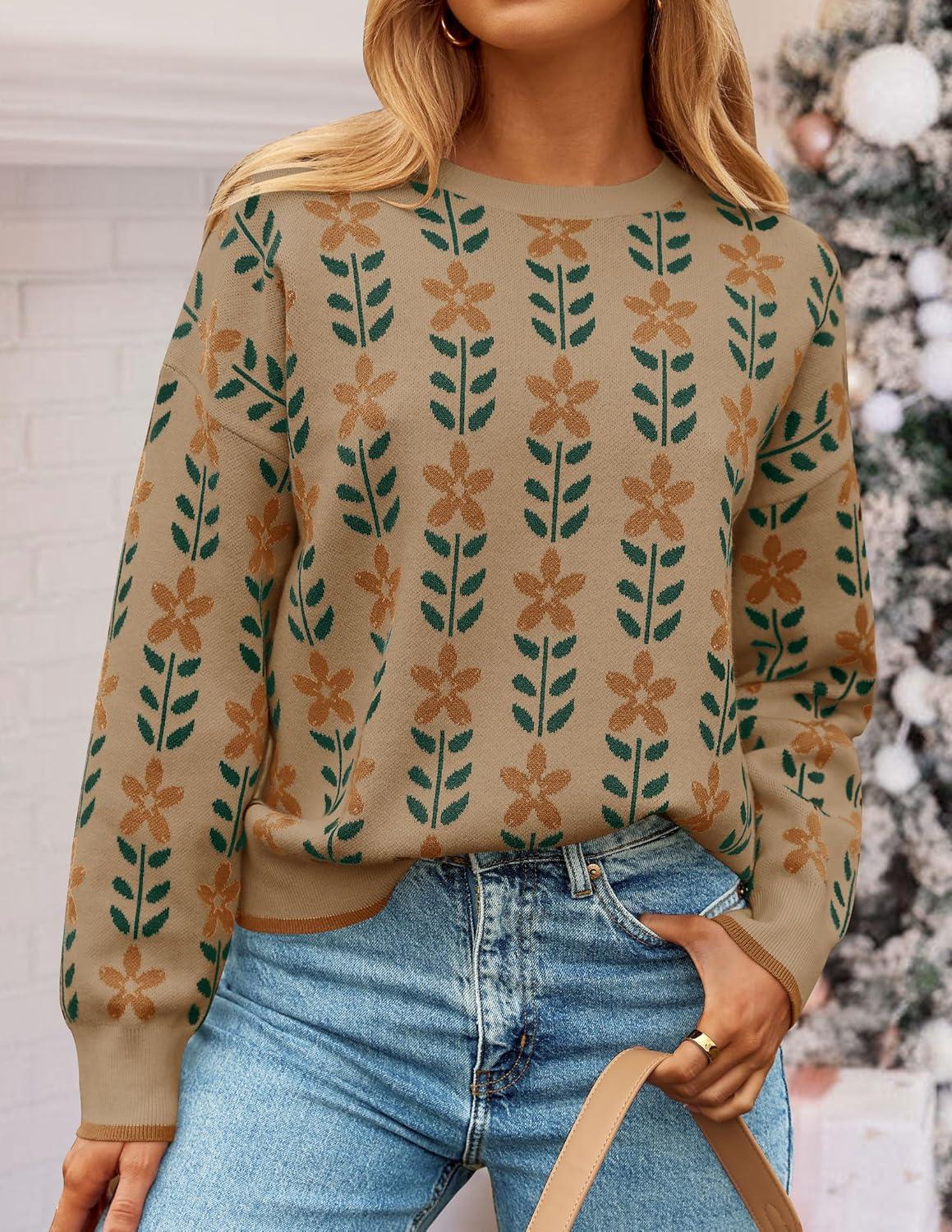 imageZESICA Womens Long Sleeve Crewneck Sweater 2026 Fall Printed Cute Oversized Knitted Pullover Tops Trendy ClothesKhaki