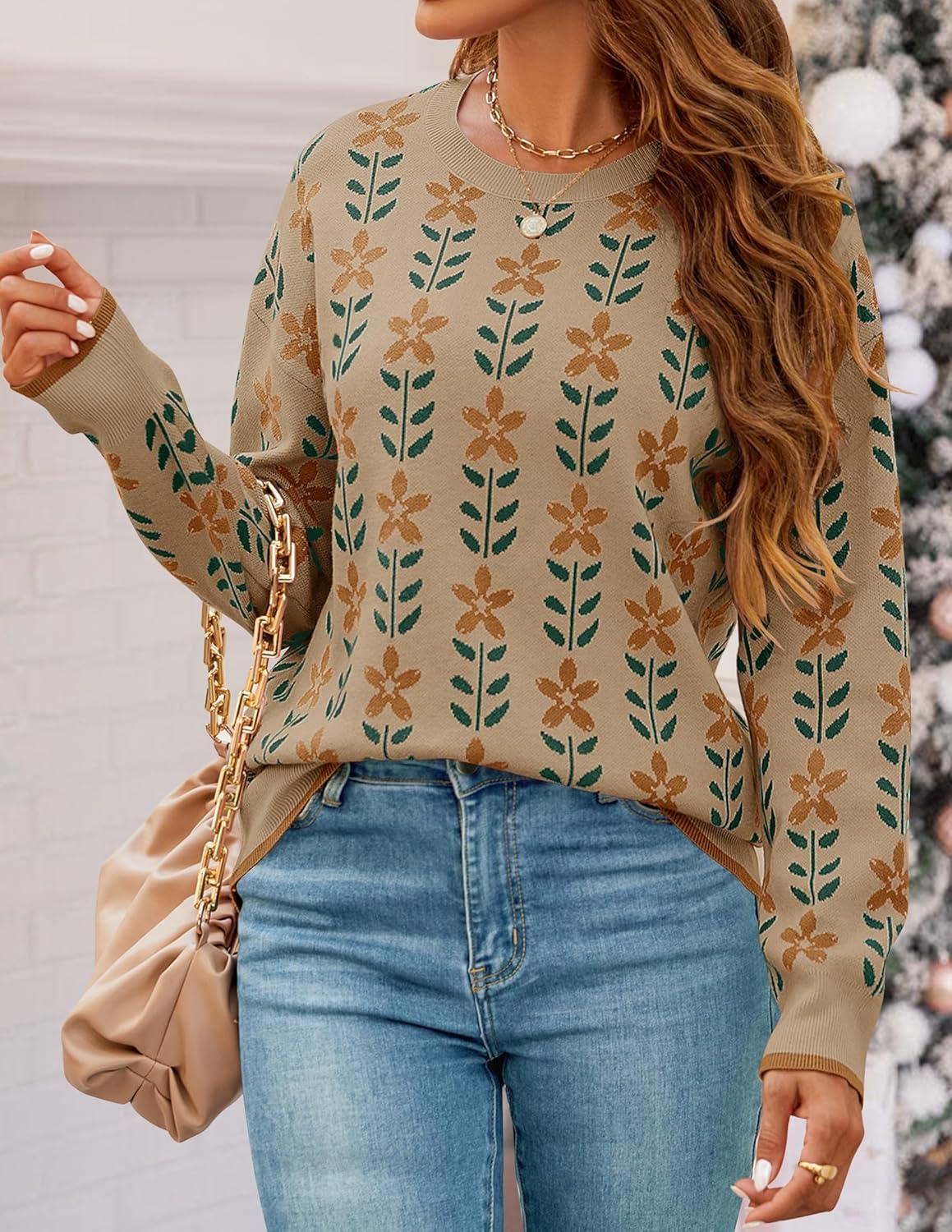 imageZESICA Womens Long Sleeve Crewneck Sweater 2026 Fall Printed Cute Oversized Knitted Pullover Tops Trendy ClothesKhaki