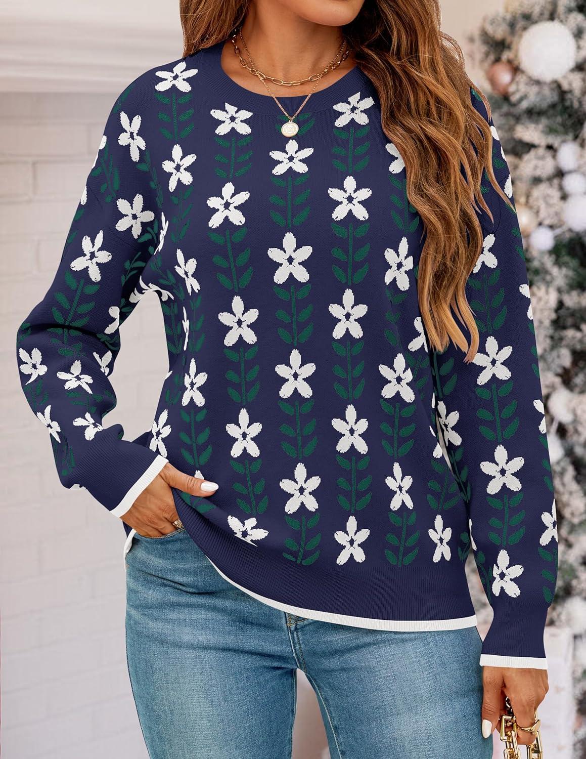 imageZESICA Womens Long Sleeve Crewneck Sweater 2026 Fall Printed Cute Oversized Knitted Pullover Tops Trendy ClothesNavy