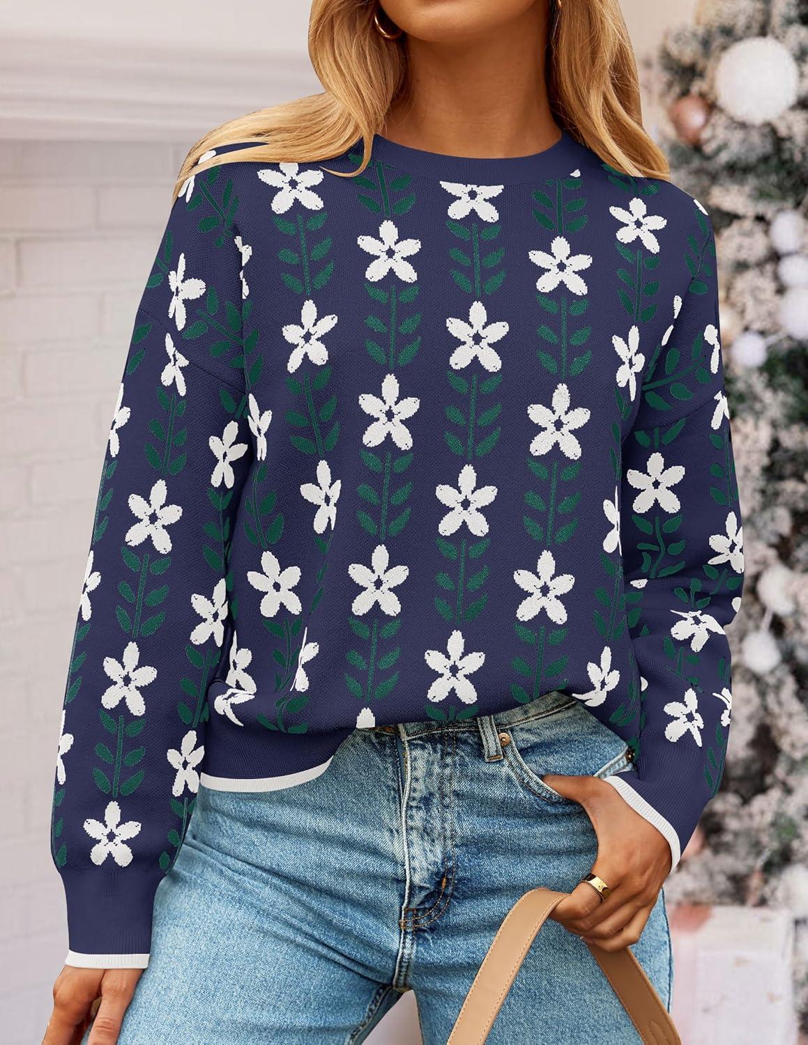 imageZESICA Womens Long Sleeve Crewneck Sweater 2026 Fall Printed Cute Oversized Knitted Pullover Tops Trendy ClothesNavy