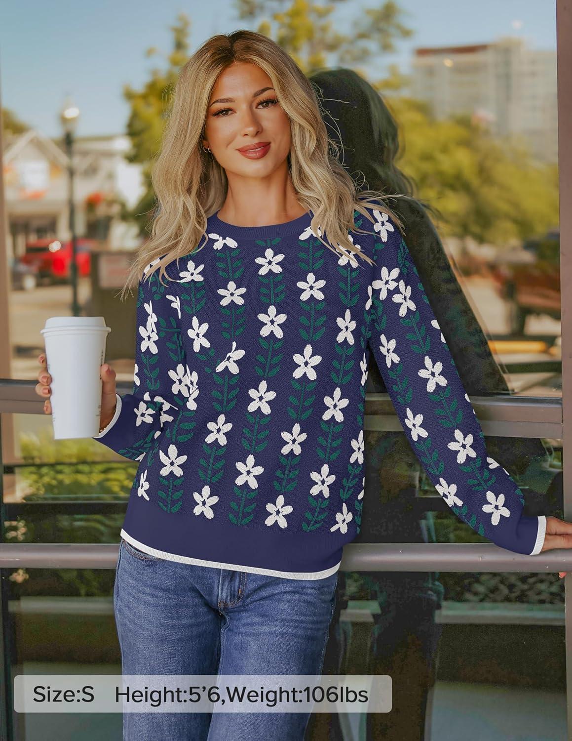 imageZESICA Womens Long Sleeve Crewneck Sweater 2026 Fall Printed Cute Oversized Knitted Pullover Tops Trendy ClothesNavy
