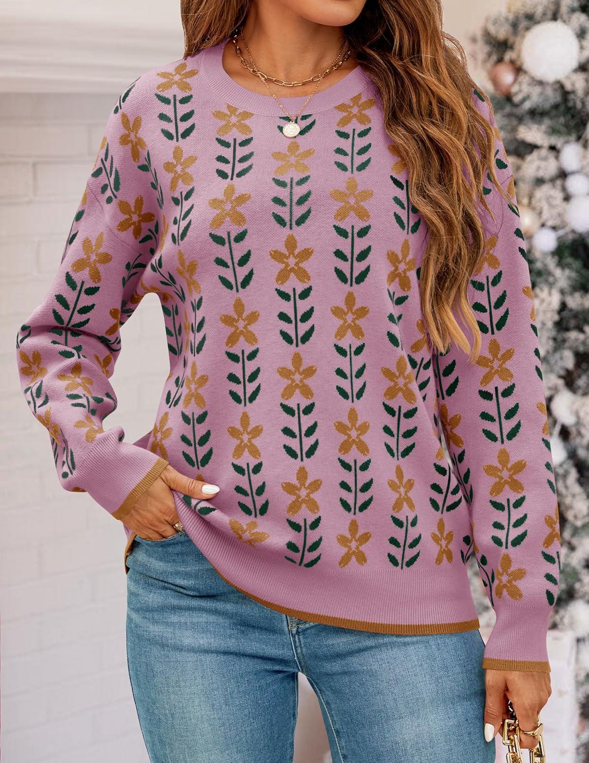 imageZESICA Womens Long Sleeve Crewneck Sweater 2026 Fall Printed Cute Oversized Knitted Pullover Tops Trendy ClothesPink