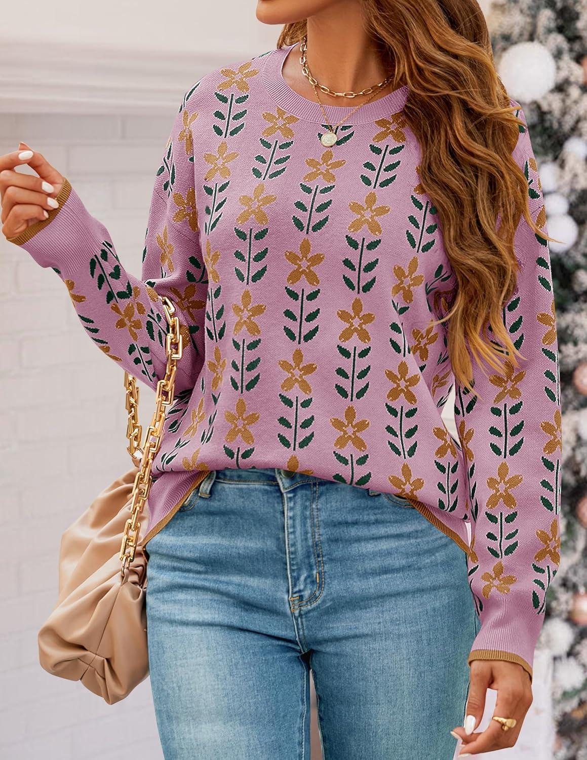 imageZESICA Womens Long Sleeve Crewneck Sweater 2026 Fall Printed Cute Oversized Knitted Pullover Tops Trendy ClothesPink