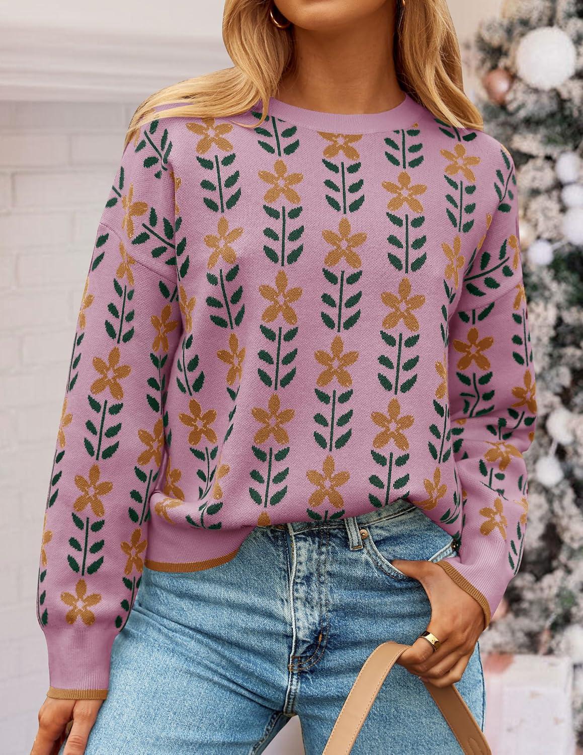 imageZESICA Womens Long Sleeve Crewneck Sweater 2026 Fall Printed Cute Oversized Knitted Pullover Tops Trendy ClothesPink