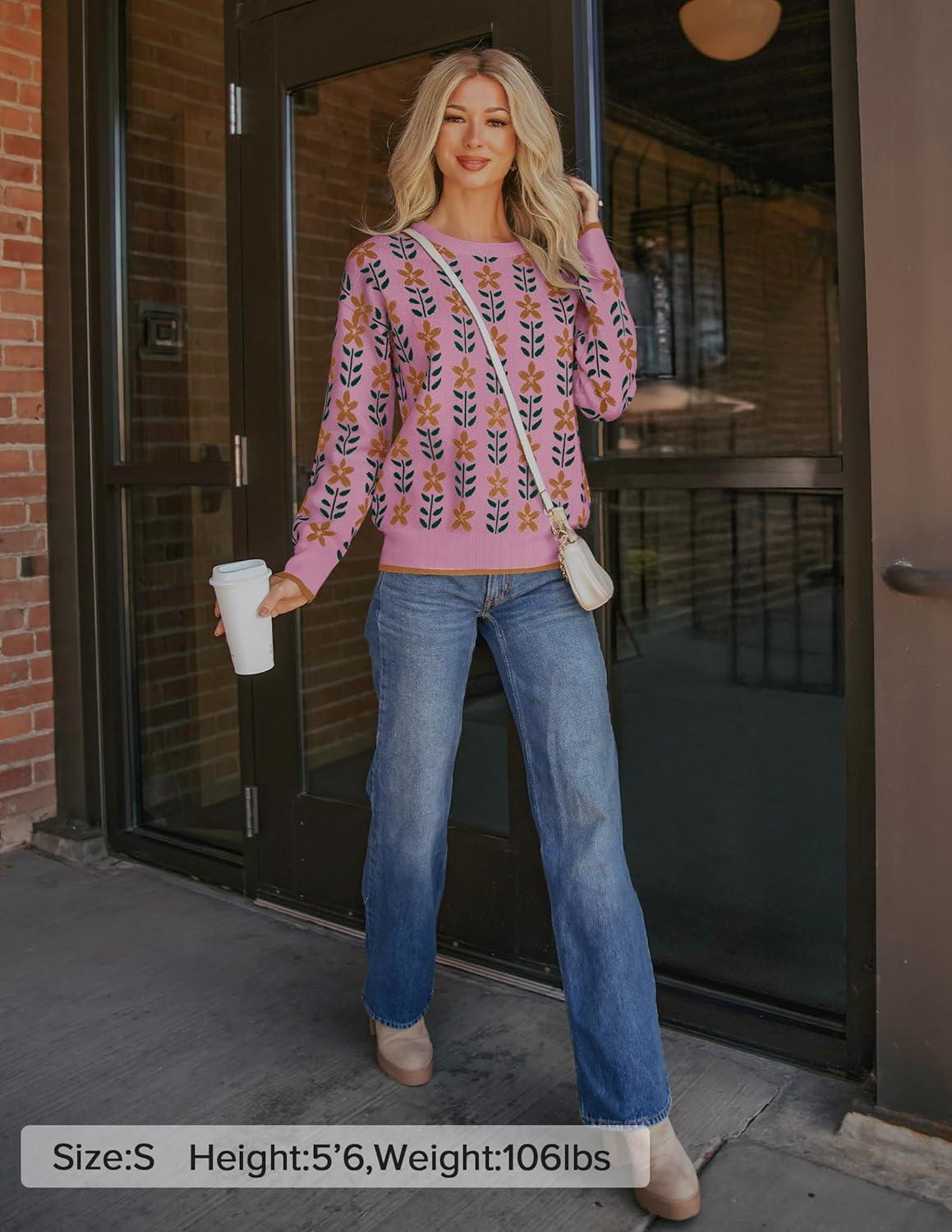 imageZESICA Womens Long Sleeve Crewneck Sweater 2026 Fall Printed Cute Oversized Knitted Pullover Tops Trendy ClothesPink