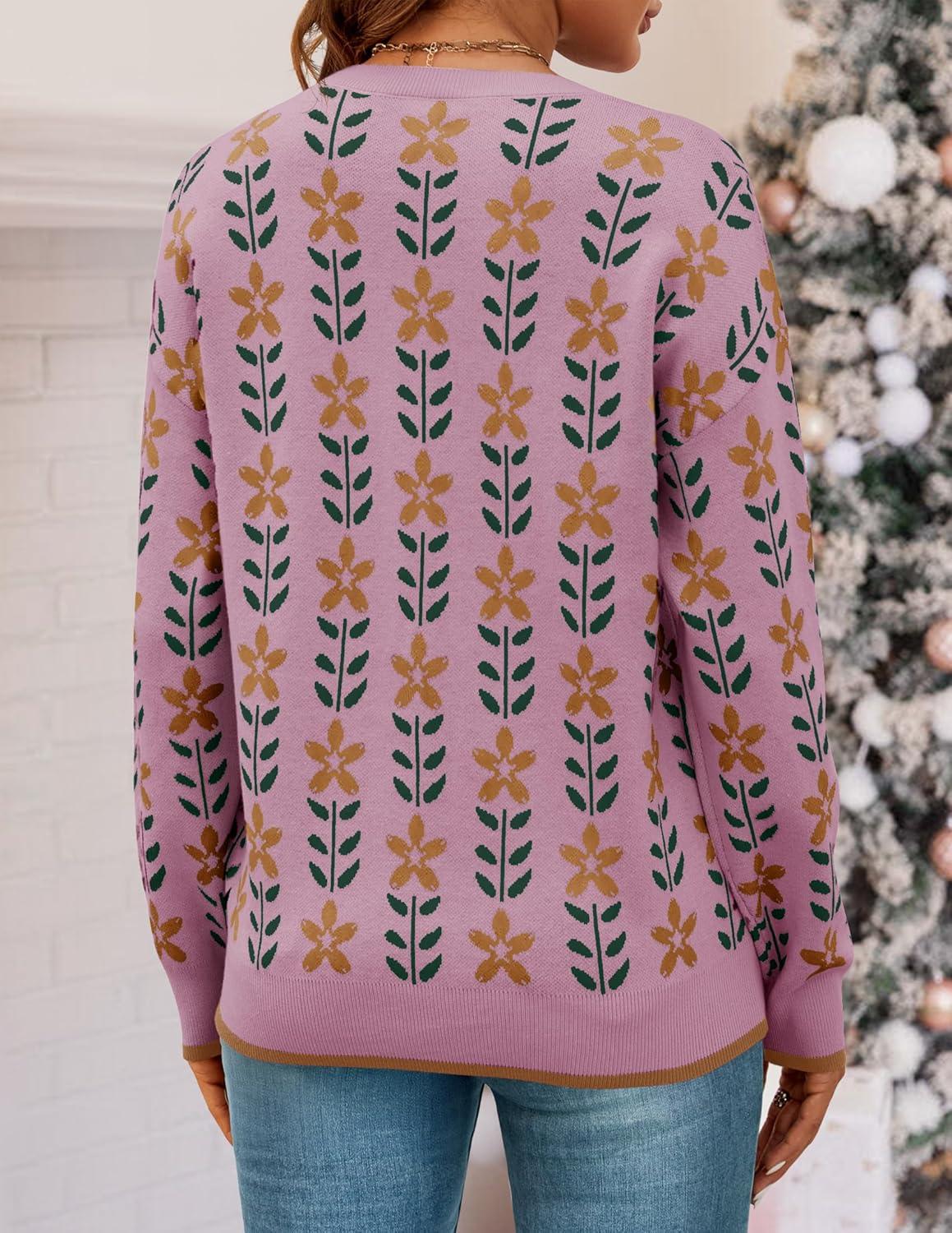 imageZESICA Womens Long Sleeve Crewneck Sweater 2026 Fall Printed Cute Oversized Knitted Pullover Tops Trendy ClothesPink