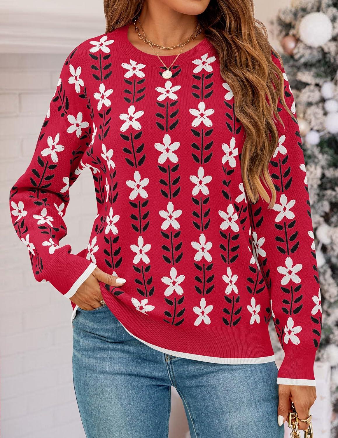 imageZESICA Womens Long Sleeve Crewneck Sweater 2026 Fall Printed Cute Oversized Knitted Pullover Tops Trendy ClothesRed