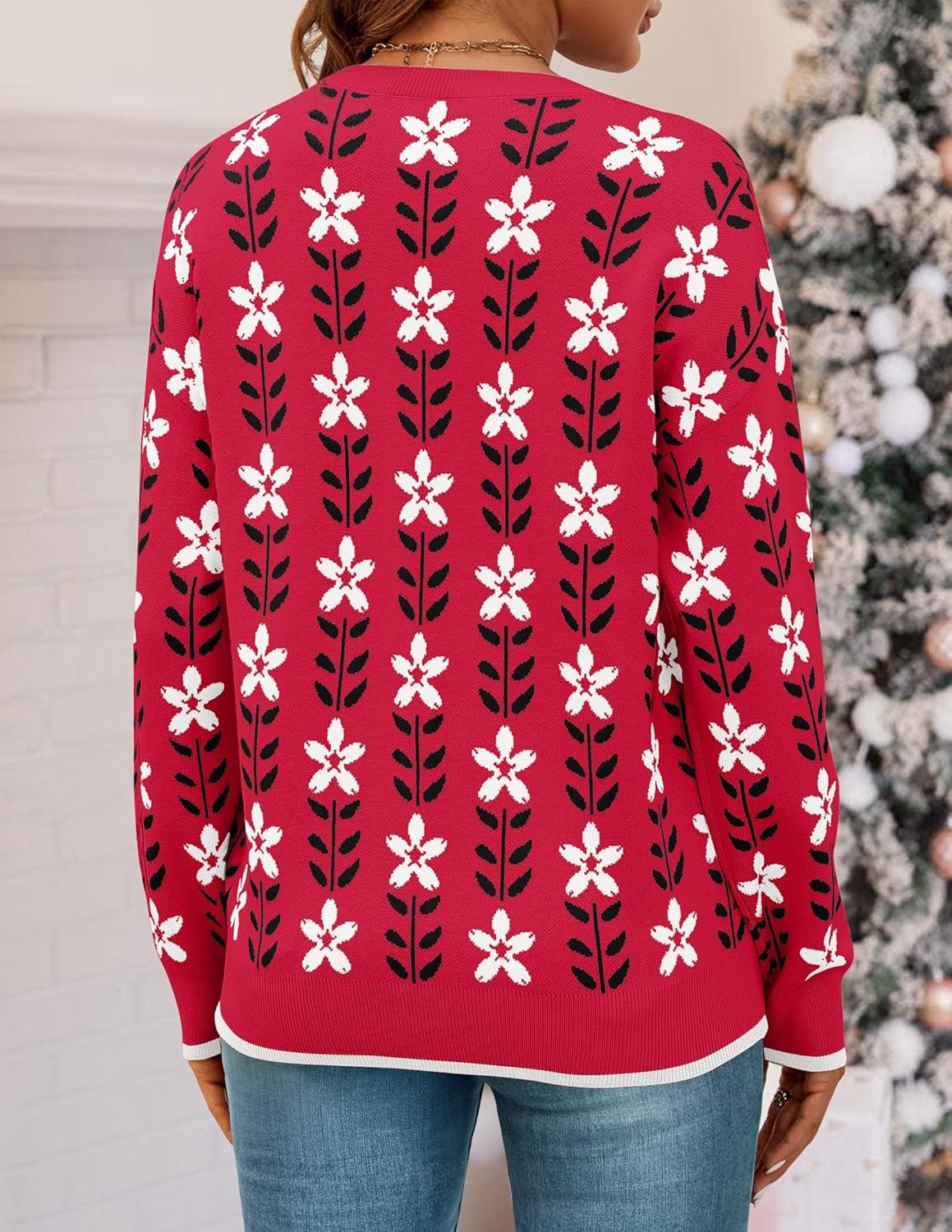 imageZESICA Womens Long Sleeve Crewneck Sweater 2026 Fall Printed Cute Oversized Knitted Pullover Tops Trendy ClothesRed