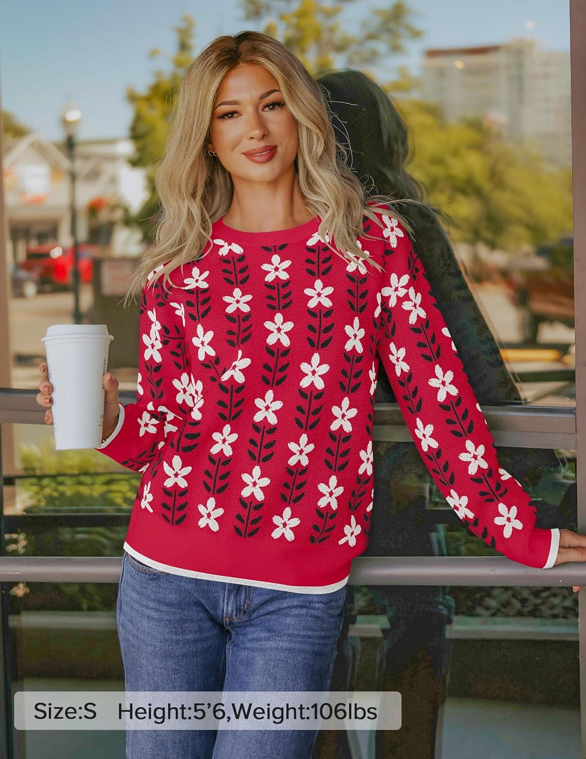 imageZESICA Womens Long Sleeve Crewneck Sweater 2026 Fall Printed Cute Oversized Knitted Pullover Tops Trendy ClothesRed