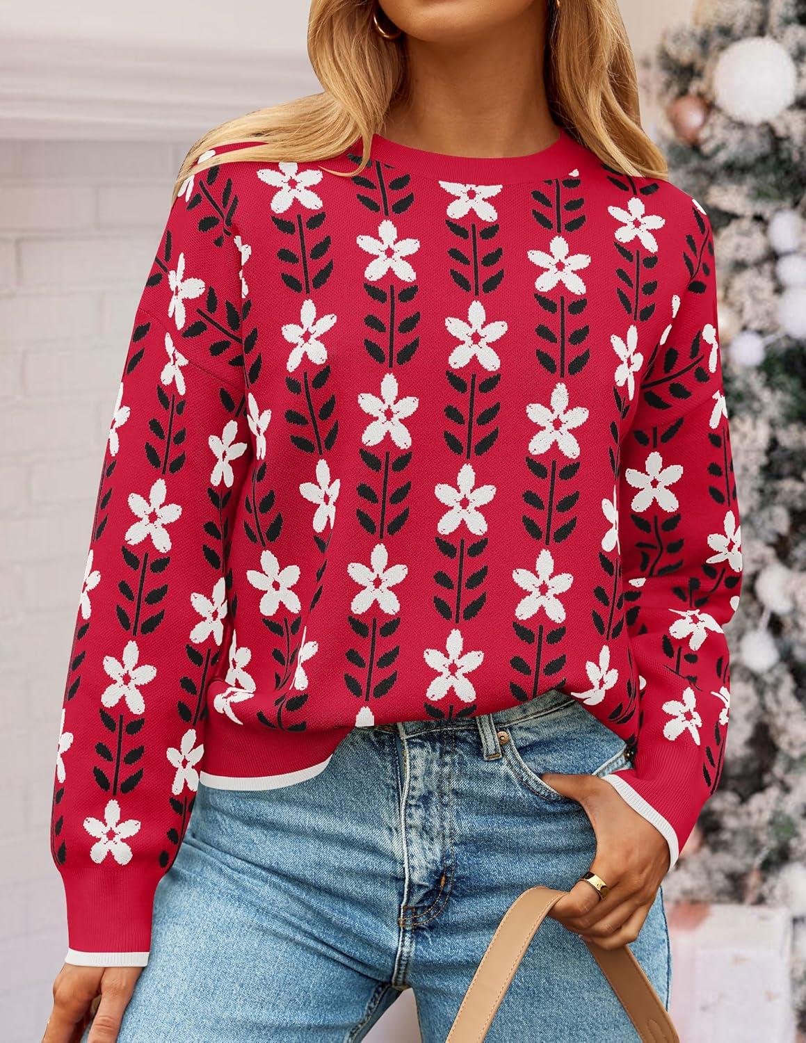 imageZESICA Womens Long Sleeve Crewneck Sweater 2026 Fall Printed Cute Oversized Knitted Pullover Tops Trendy ClothesRed