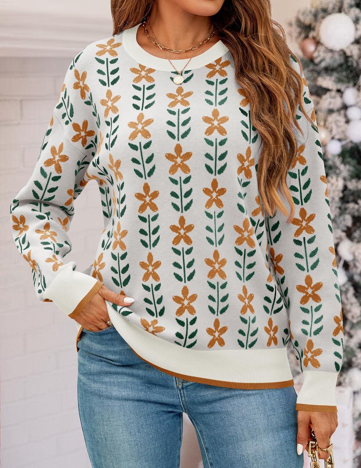imageZESICA Womens Long Sleeve Crewneck Sweater 2026 Fall Printed Cute Oversized Knitted Pullover Tops Trendy ClothesWhite