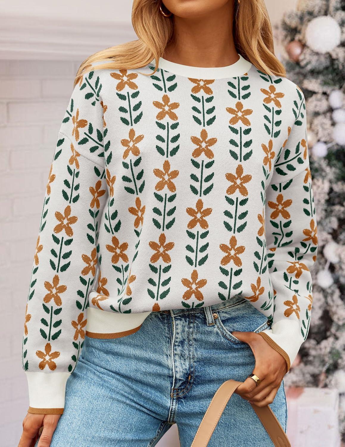 imageZESICA Womens Long Sleeve Crewneck Sweater 2026 Fall Printed Cute Oversized Knitted Pullover Tops Trendy ClothesWhite