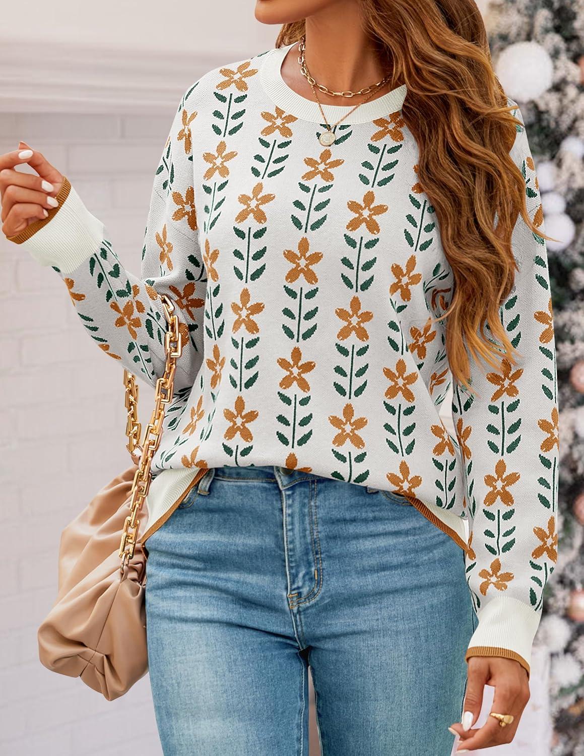 imageZESICA Womens Long Sleeve Crewneck Sweater 2026 Fall Printed Cute Oversized Knitted Pullover Tops Trendy ClothesWhite
