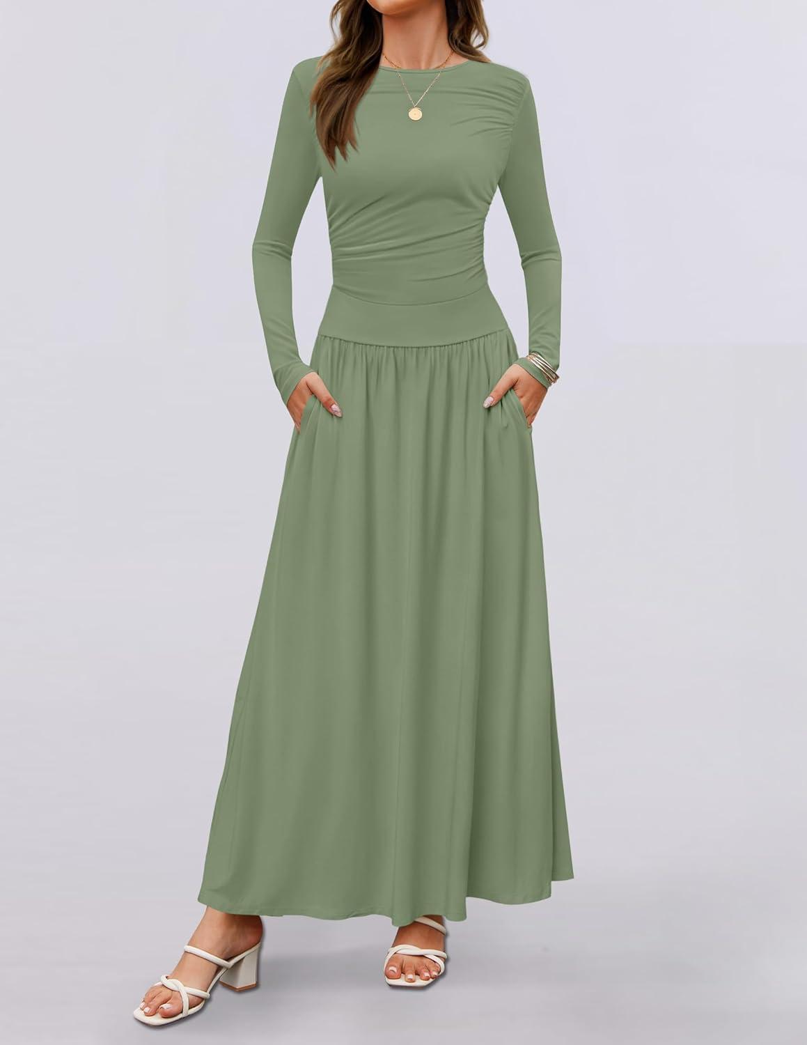 imageZESICA Womens Long Sleeve Fall Maxi Dress 2026 Crewneck Knit Casual Slim Swing Pleated Dresses with PocketsBean Green