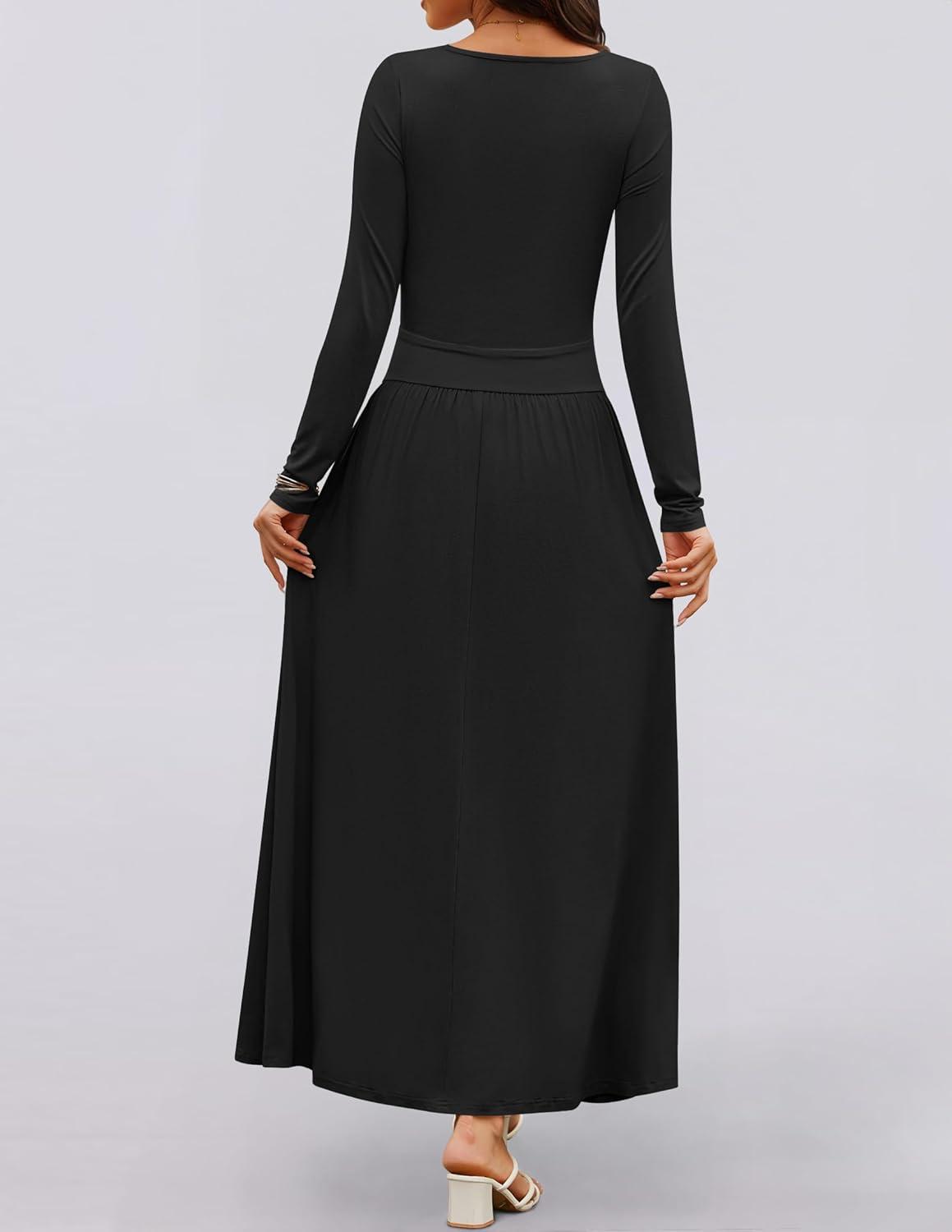 imageZESICA Womens Long Sleeve Fall Maxi Dress 2026 Crewneck Knit Casual Slim Swing Pleated Dresses with PocketsBlack