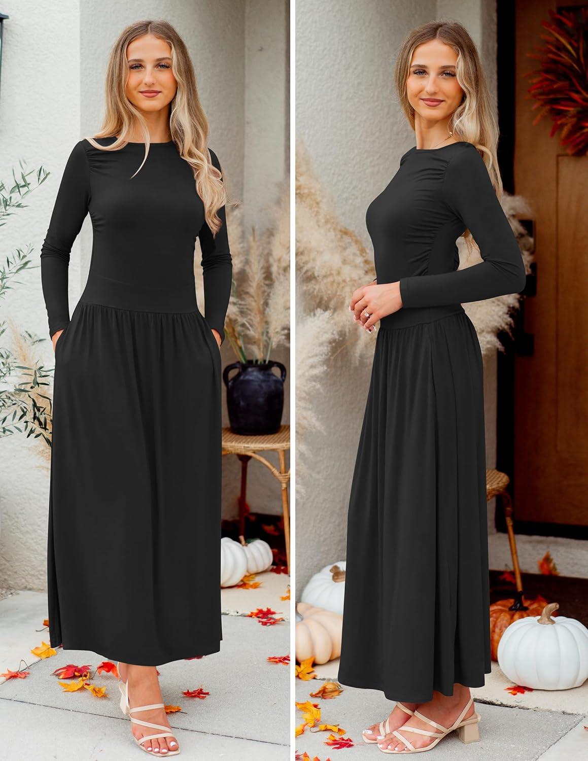imageZESICA Womens Long Sleeve Fall Maxi Dress 2026 Crewneck Knit Casual Slim Swing Pleated Dresses with PocketsBlack
