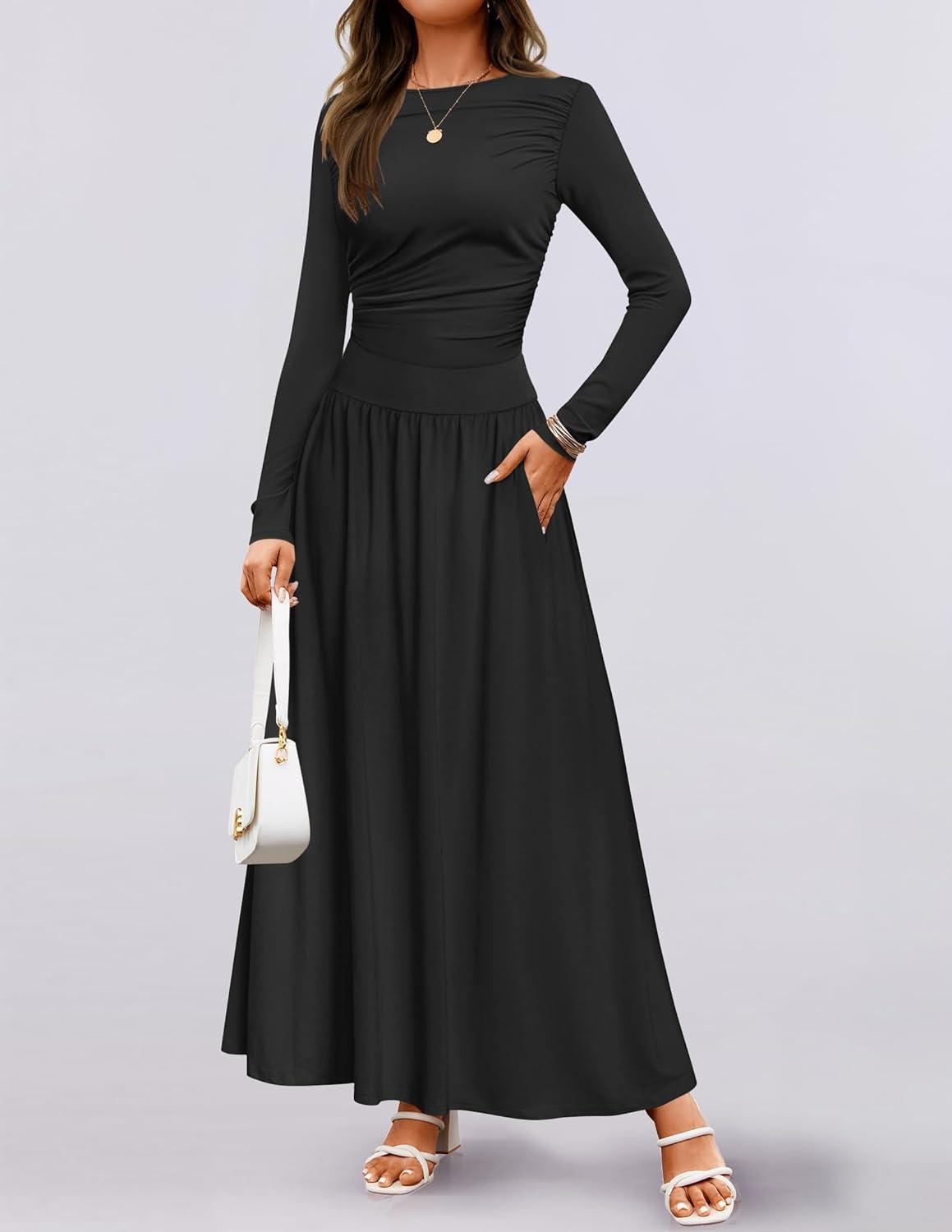 imageZESICA Womens Long Sleeve Fall Maxi Dress 2026 Crewneck Knit Casual Slim Swing Pleated Dresses with PocketsBlack