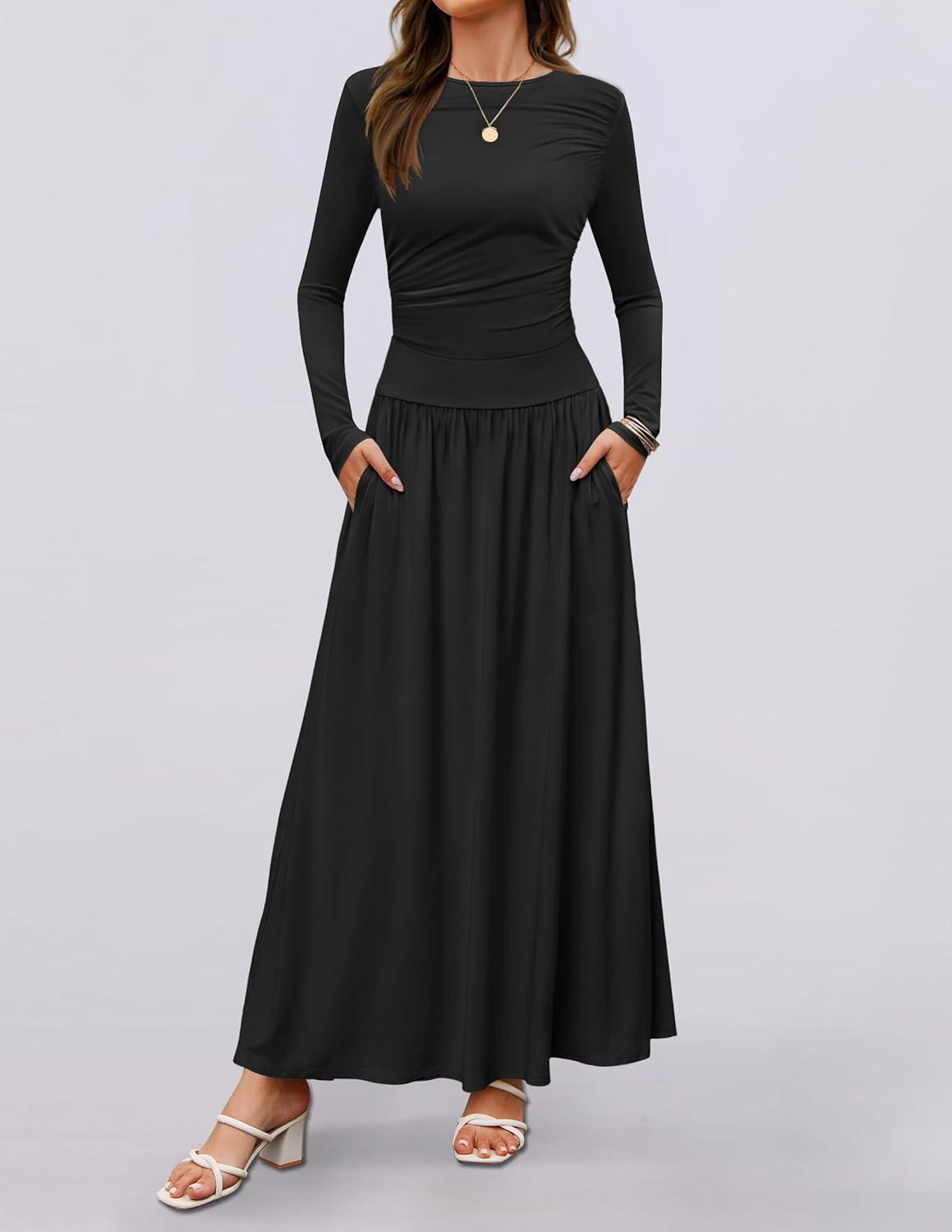 imageZESICA Womens Long Sleeve Fall Maxi Dress 2026 Crewneck Knit Casual Slim Swing Pleated Dresses with PocketsBlack