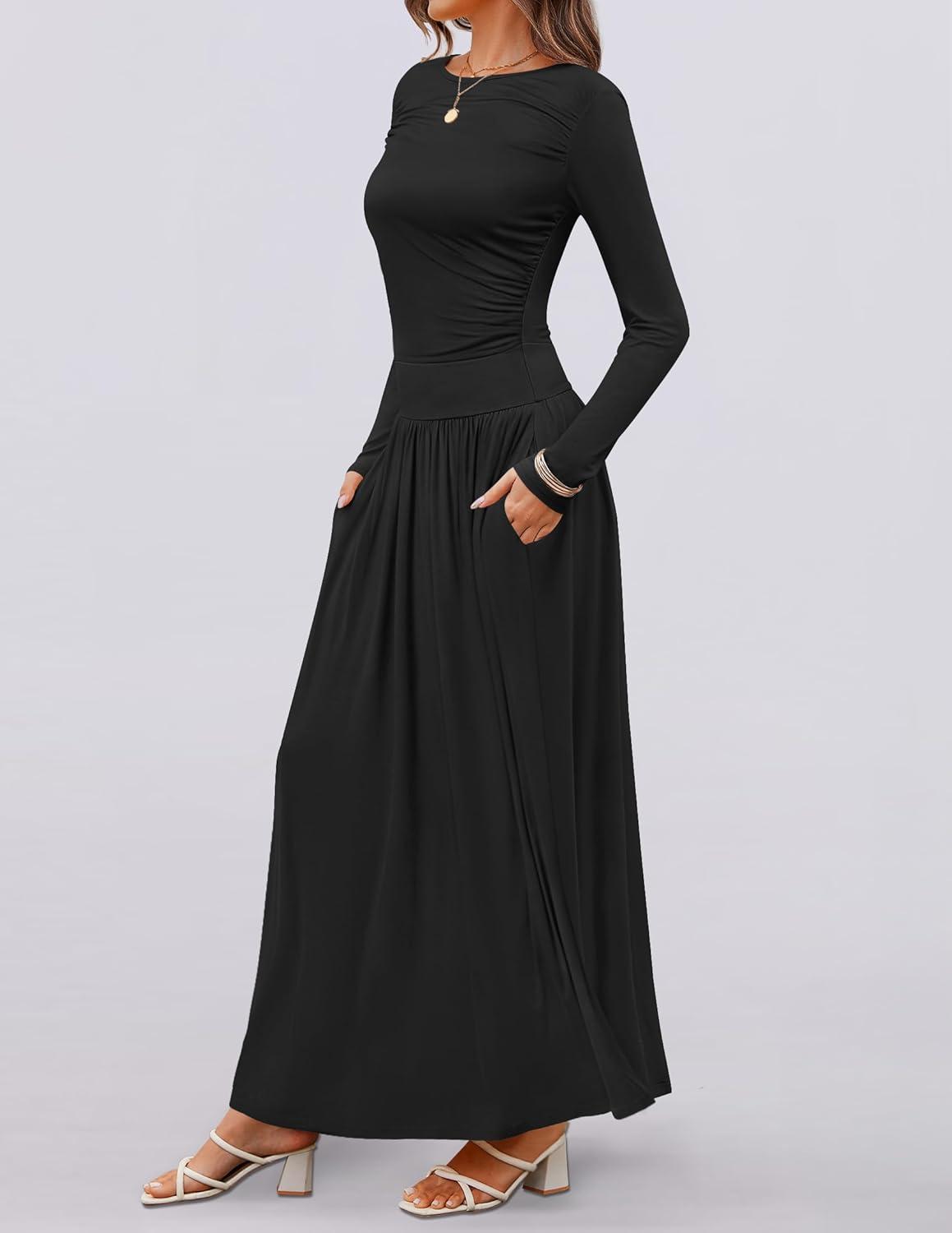 imageZESICA Womens Long Sleeve Fall Maxi Dress 2026 Crewneck Knit Casual Slim Swing Pleated Dresses with PocketsBlack