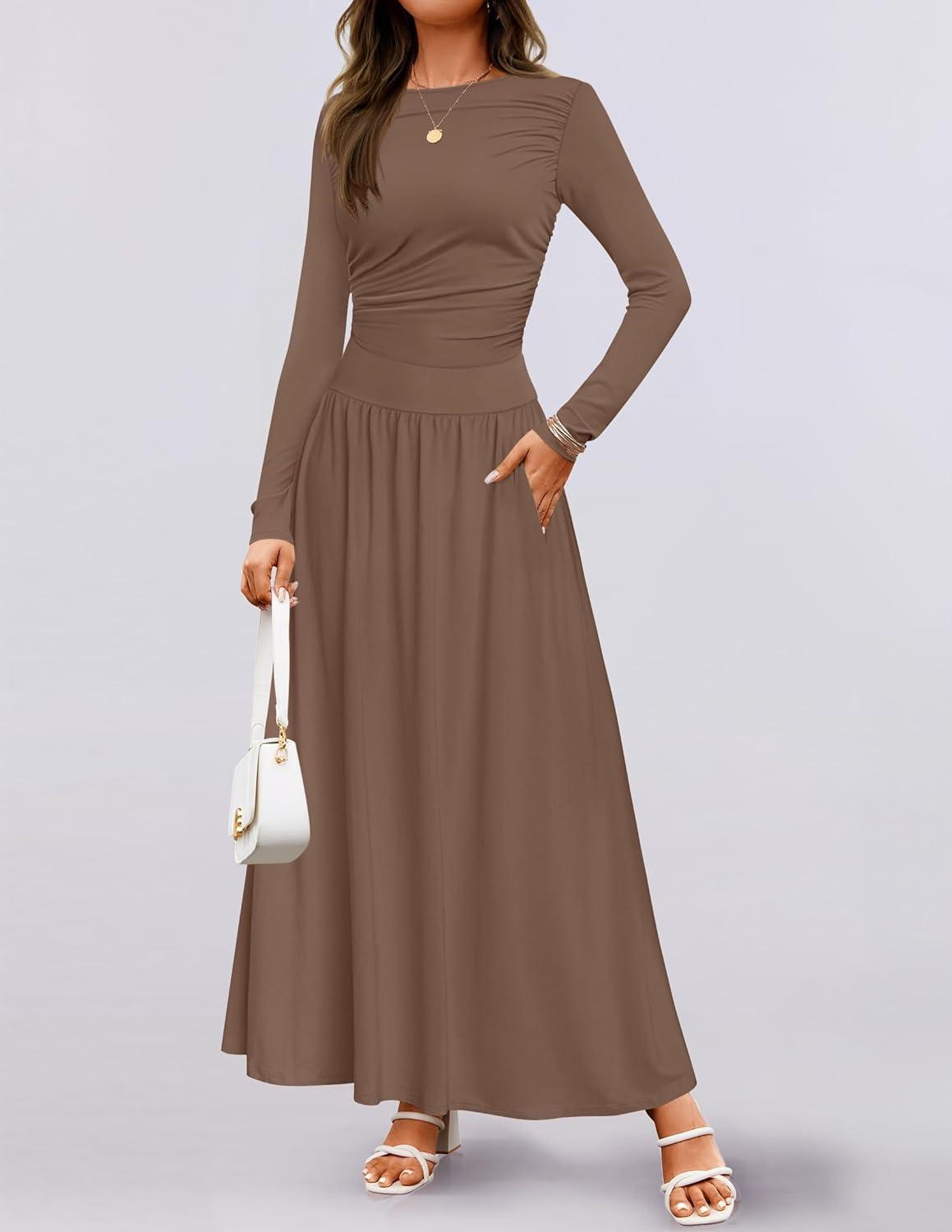 imageZESICA Womens Long Sleeve Fall Maxi Dress 2026 Crewneck Knit Casual Slim Swing Pleated Dresses with PocketsBrown