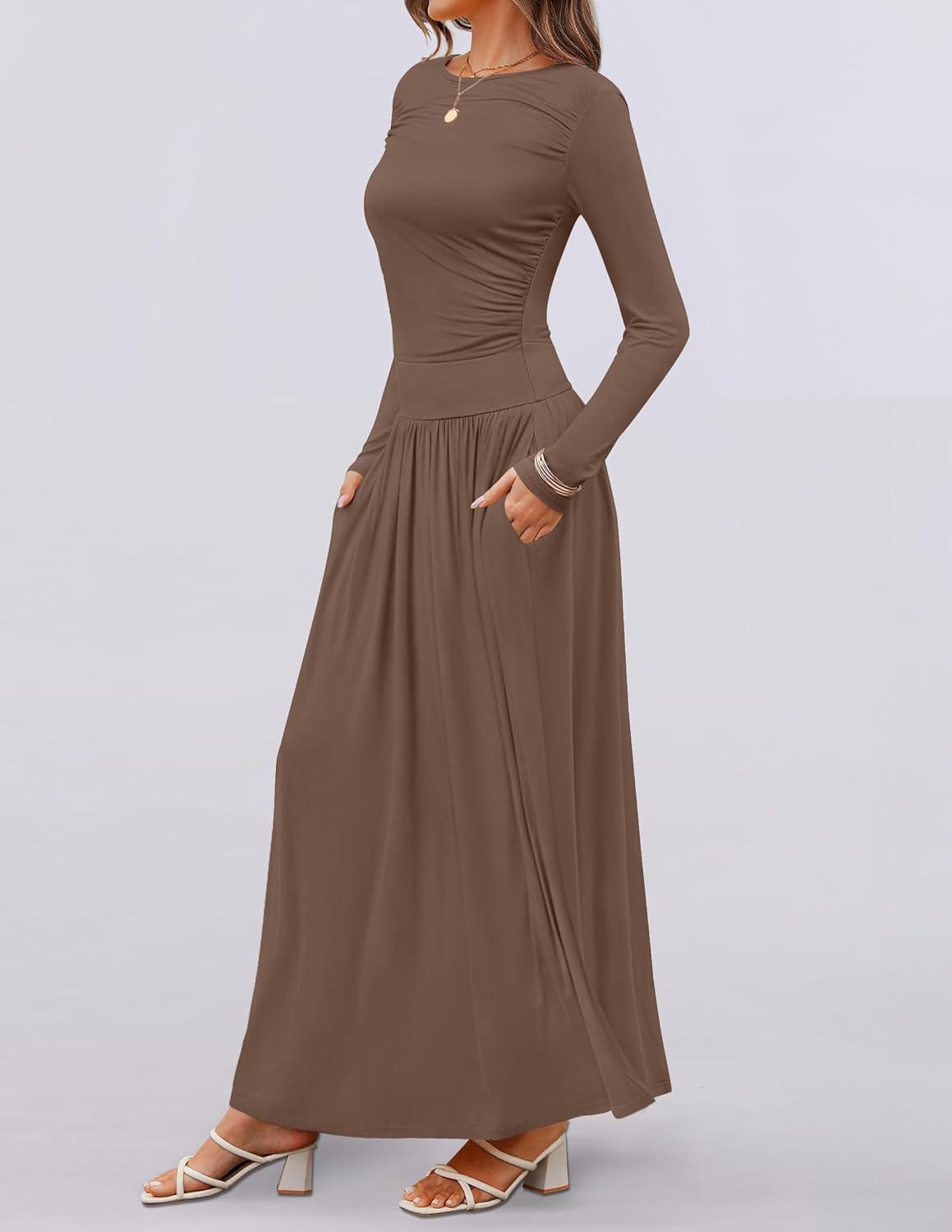 imageZESICA Womens Long Sleeve Fall Maxi Dress 2026 Crewneck Knit Casual Slim Swing Pleated Dresses with PocketsBrown
