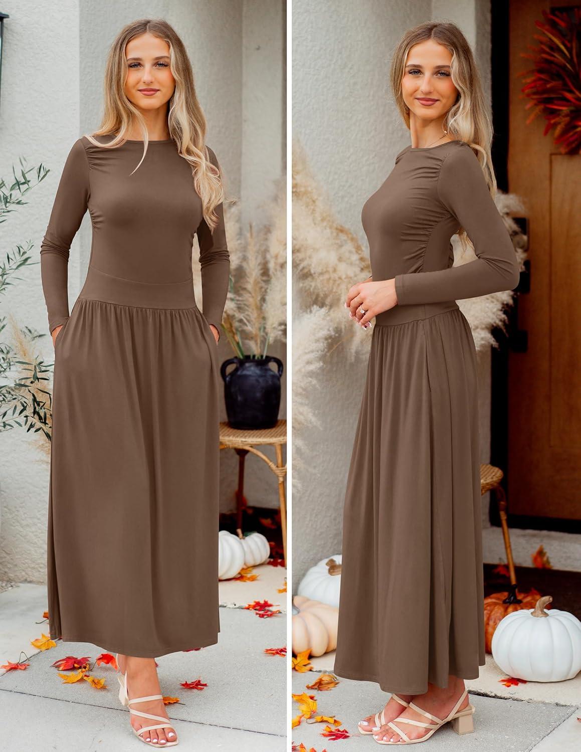 imageZESICA Womens Long Sleeve Fall Maxi Dress 2026 Crewneck Knit Casual Slim Swing Pleated Dresses with PocketsBrown