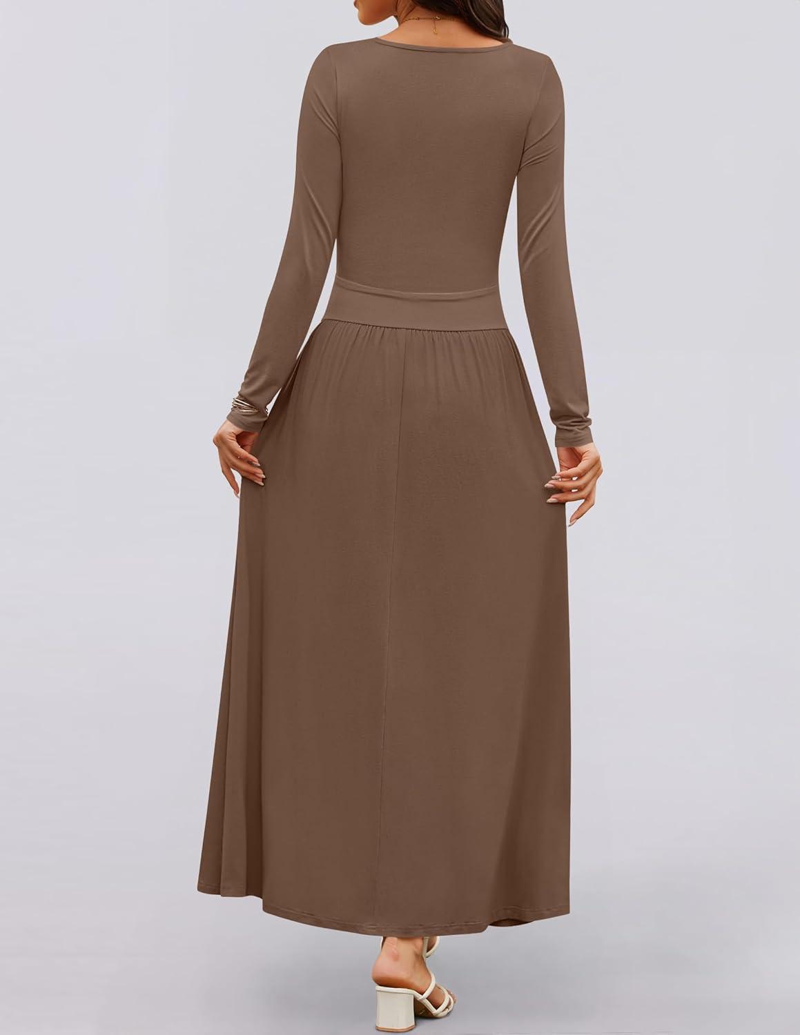 imageZESICA Womens Long Sleeve Fall Maxi Dress 2026 Crewneck Knit Casual Slim Swing Pleated Dresses with PocketsBrown