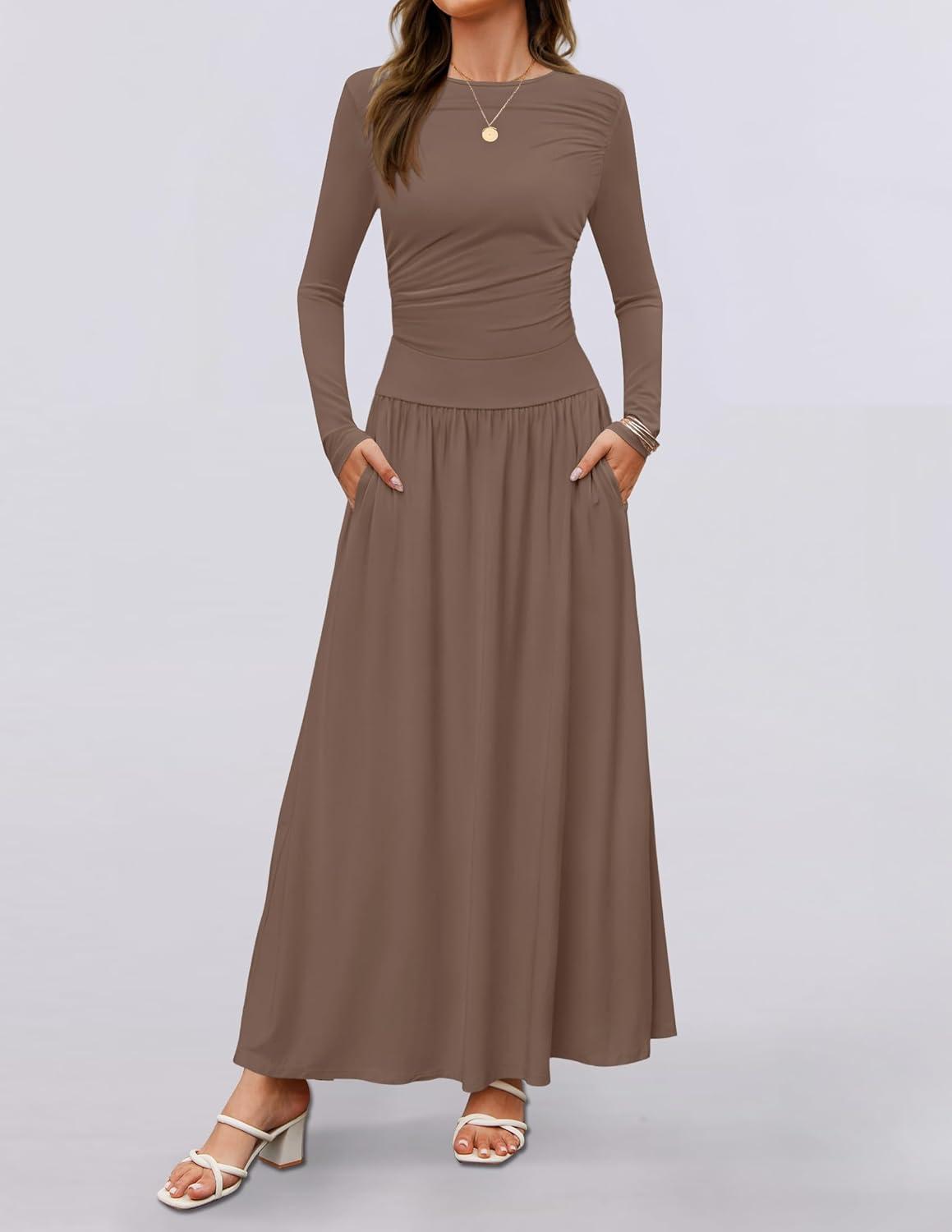 imageZESICA Womens Long Sleeve Fall Maxi Dress 2026 Crewneck Knit Casual Slim Swing Pleated Dresses with PocketsBrown